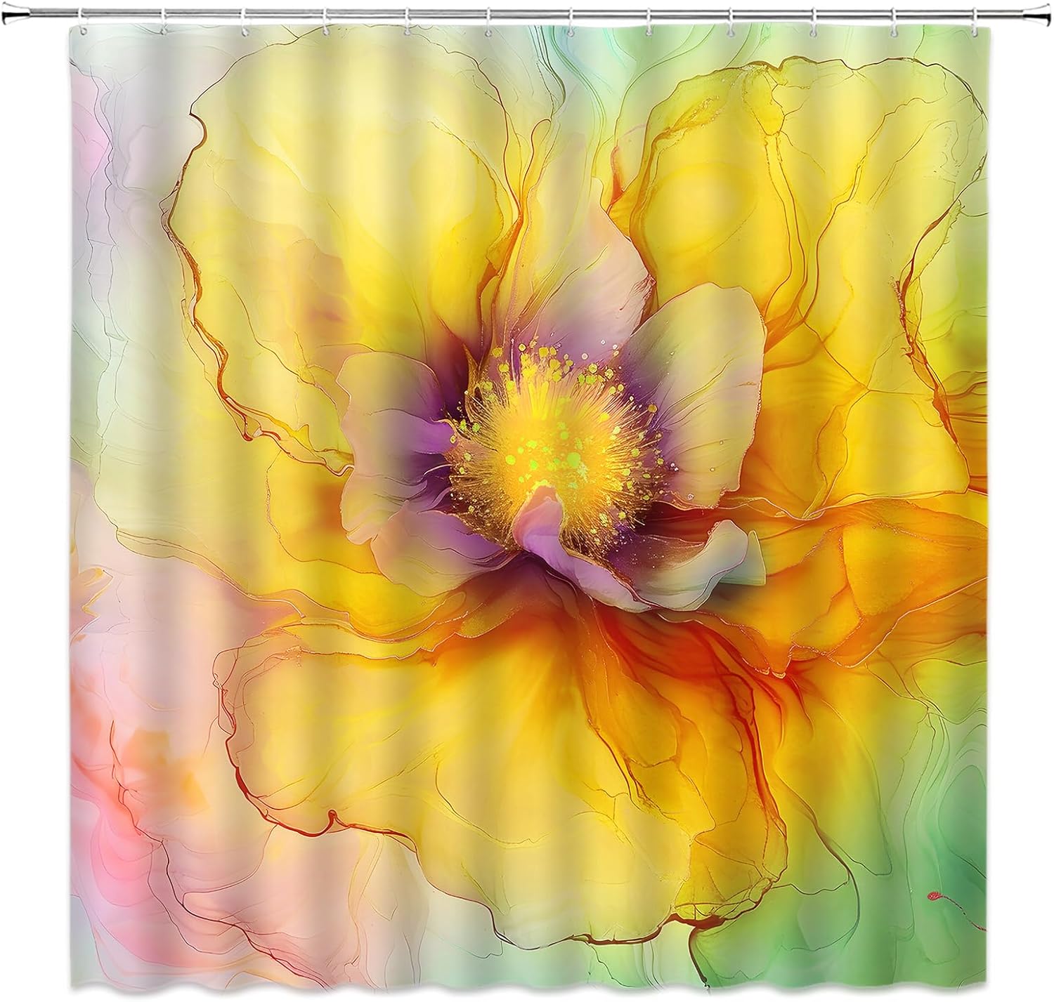 Yellow Shower Curtain Abstract Floral Burnt Orange Marble Texture Cracked Lines Petals Cute Blooming Terracotta Ombre Watercolor Flower Plant Fabric Bathroom Decor Set with Hooks(84" Wx70 H)