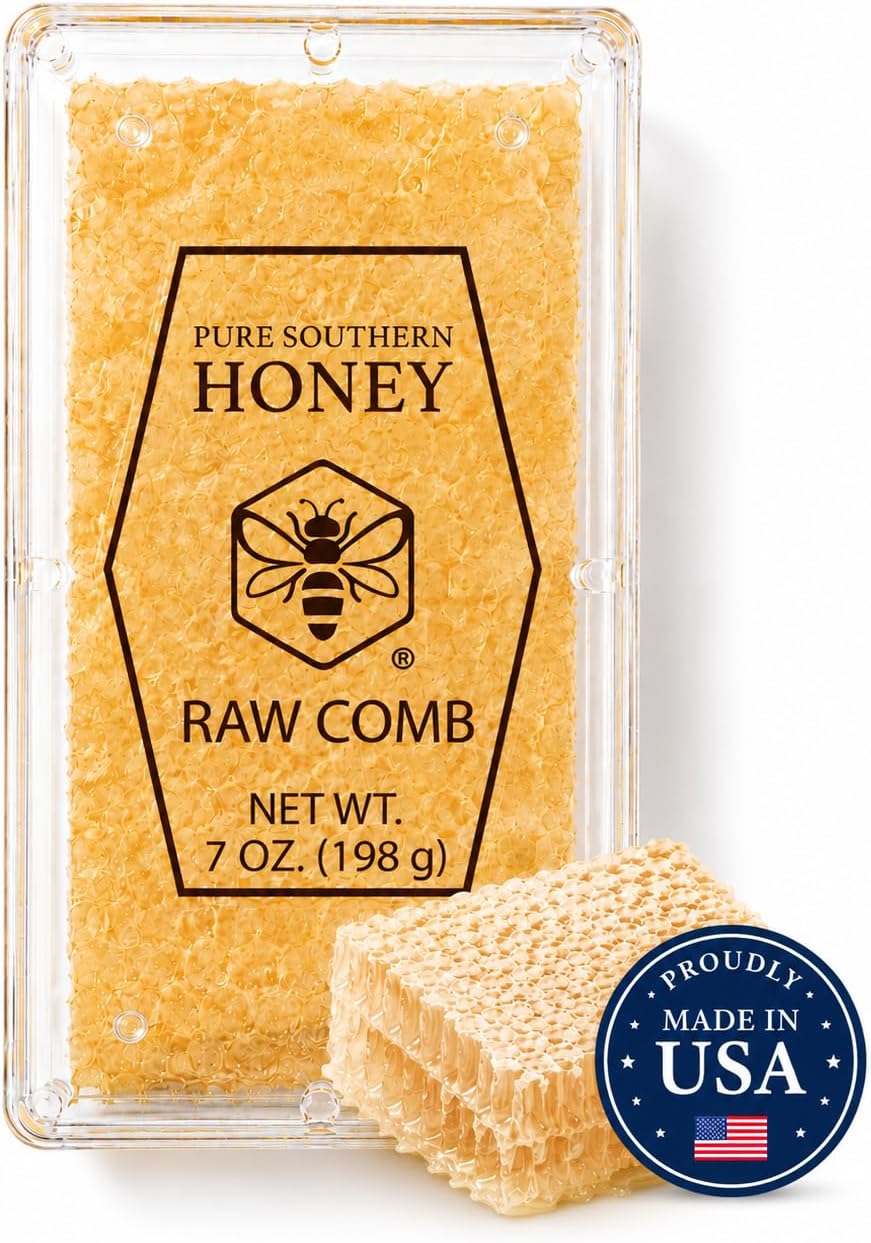 100% Raw Edible Honeycomb by Pure Southern Honey [7 oz] - Authentic, USA - Made - Unheated - Non - GMO, Unsweetened, All-Natural