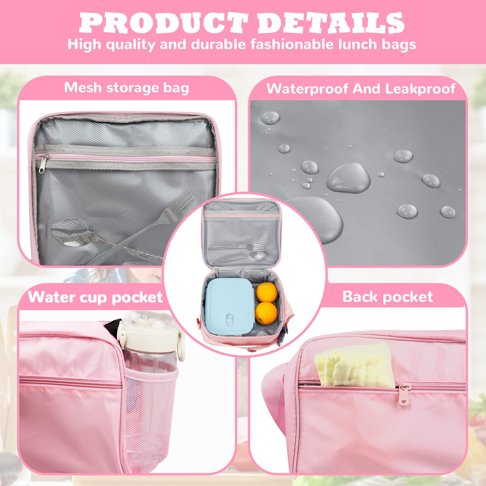 GRKJGytech Sac à Déjeuner Isotherme Pour Filles - Rose Arc-en-ciel à Paillettes - Portable - Étanche - Pour
