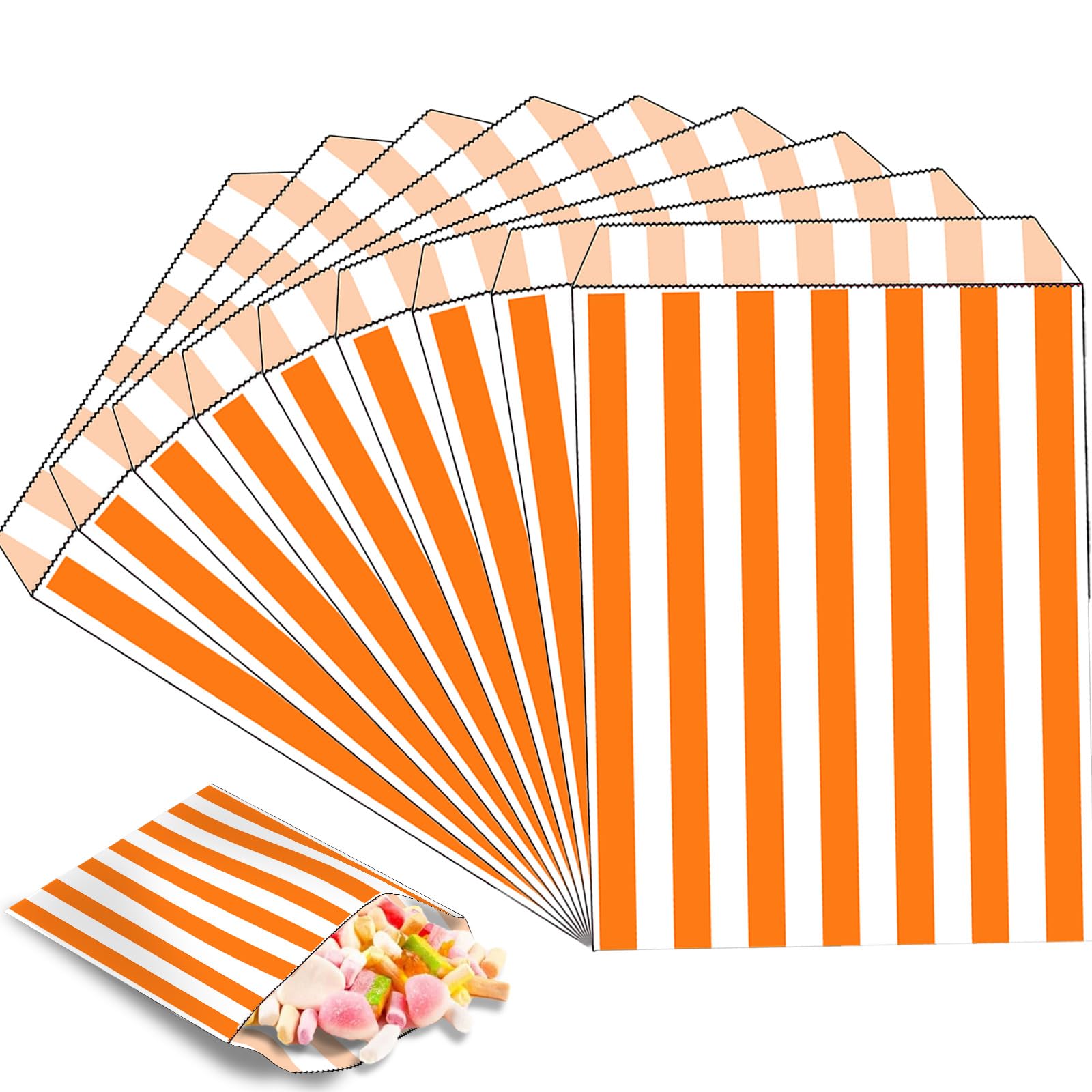 100pk Orange Sweet Bags,Small Striped Candy Bag,5''x7'' Sweetie|Popcorn|Bread|Sandwich|Biscuit Bag,Party Bags for Snacks,Sweets,Cake Gift,Wedding,Birthday Party,Christmas