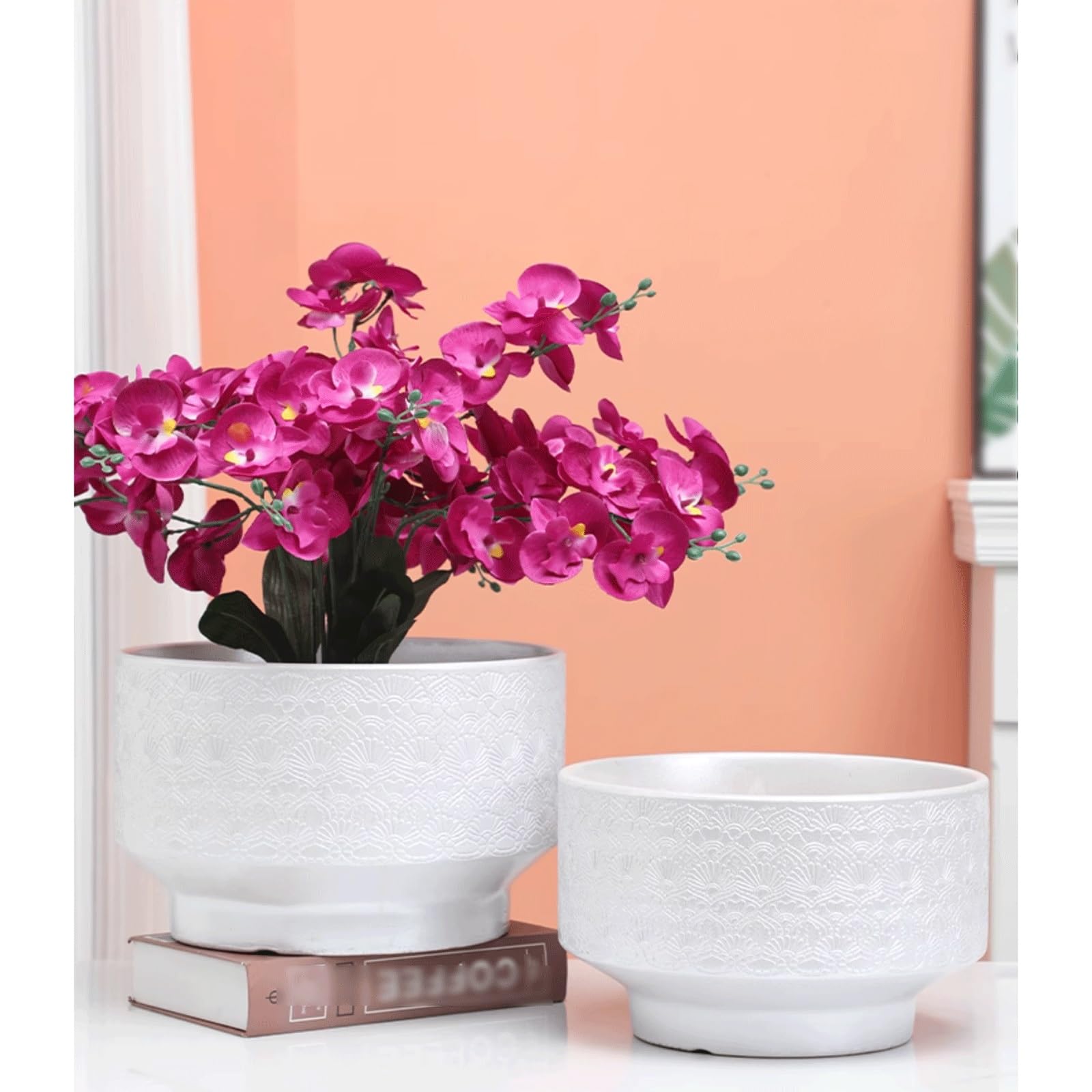 Dekoracyjna okrągła ceramiczna doniczka na rośliny o dużej średnicy, otwór drenażowy i spodek, nordycki wzór reliefowy, idealna do storczyków Phalaenopsis na tarasie (biała, 32,2 x 20,7 cm)