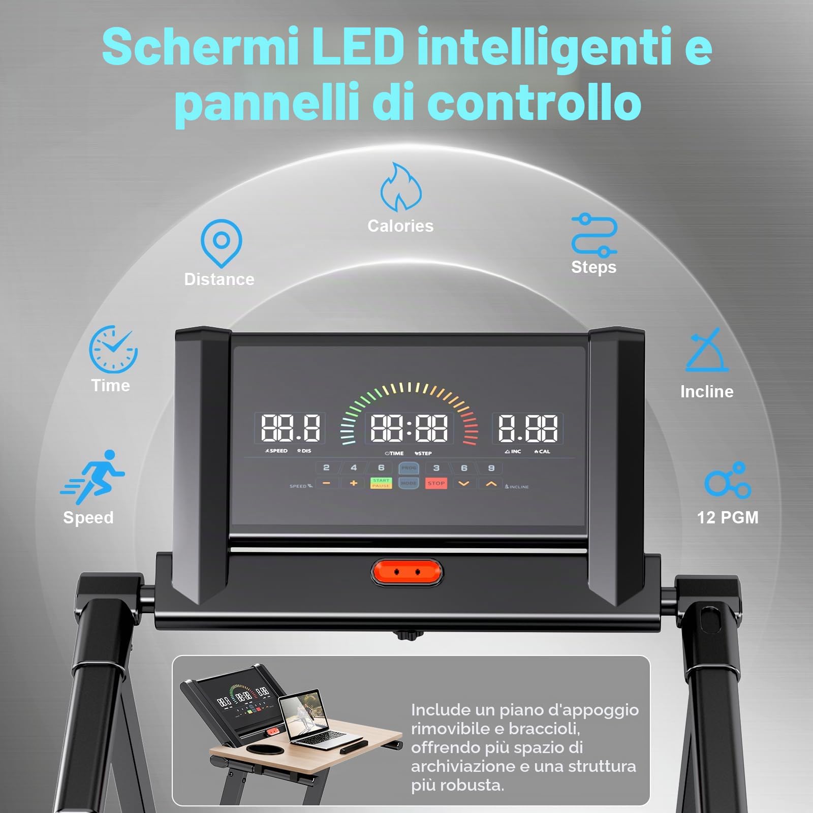 Tapis roulant, tapis roulant salvaspazio, pieghevole 4 in 1 - Inclinazione regolabile elettricamente al 12% - 1-8KM/H - Display LED/pannello di controllo - Pedane e maniglie rimovibili.