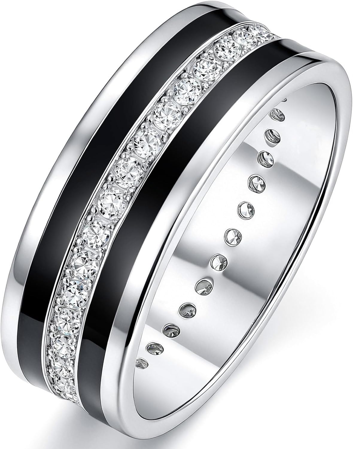 Moissanite Mens Wedding Band Round Cut Promise Ring with Black Finished White Gold Plated Silver Sz 9-14
