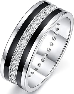 Moissanite Mens Wedding Band Round Cut Promise Ring with Black Finished White Gold Plated Silver Sz 9-14