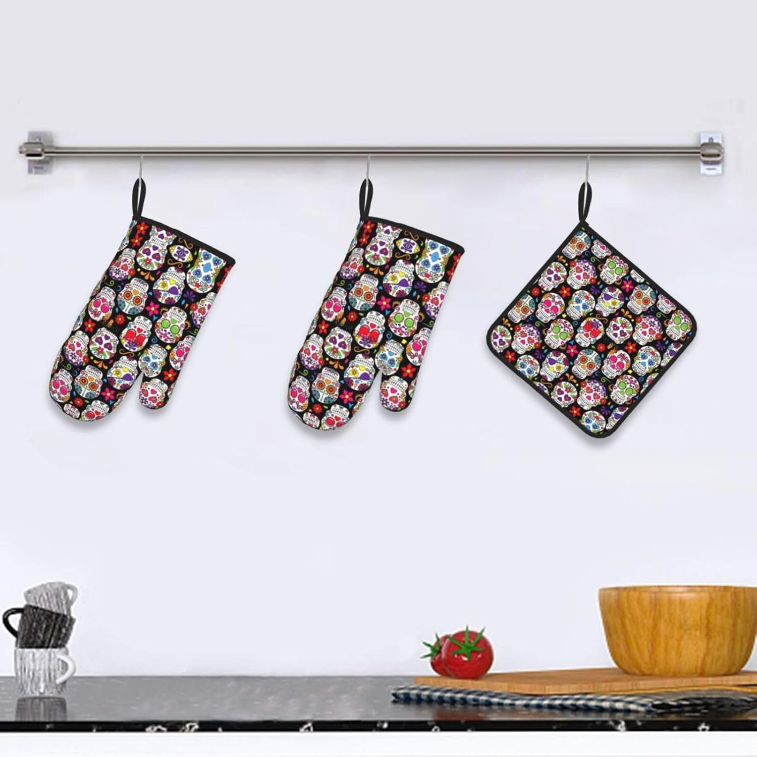 Colorful Flower Skulls Print Heat Resistant Microwave Gloves, Used for Baking, Cooking, and Fashion Kitchen Essentials