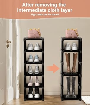 6-Tier Narrow Shoe Rack, Vertical Small Space Shoe Organizer, 9.84 Compact Slim Shoe Shelf for Closet & Entryway, Sturdy & Tool-Free Assembly, Adjustable Height for Boots