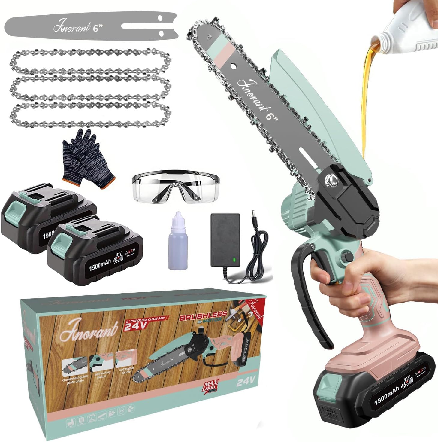 6-inch Mini Cordless Chainsaw, Electric Handheld Saw with 2 Batteries, Portable Power Tool for Garden Wood Cutting (Pink and white ordinary)