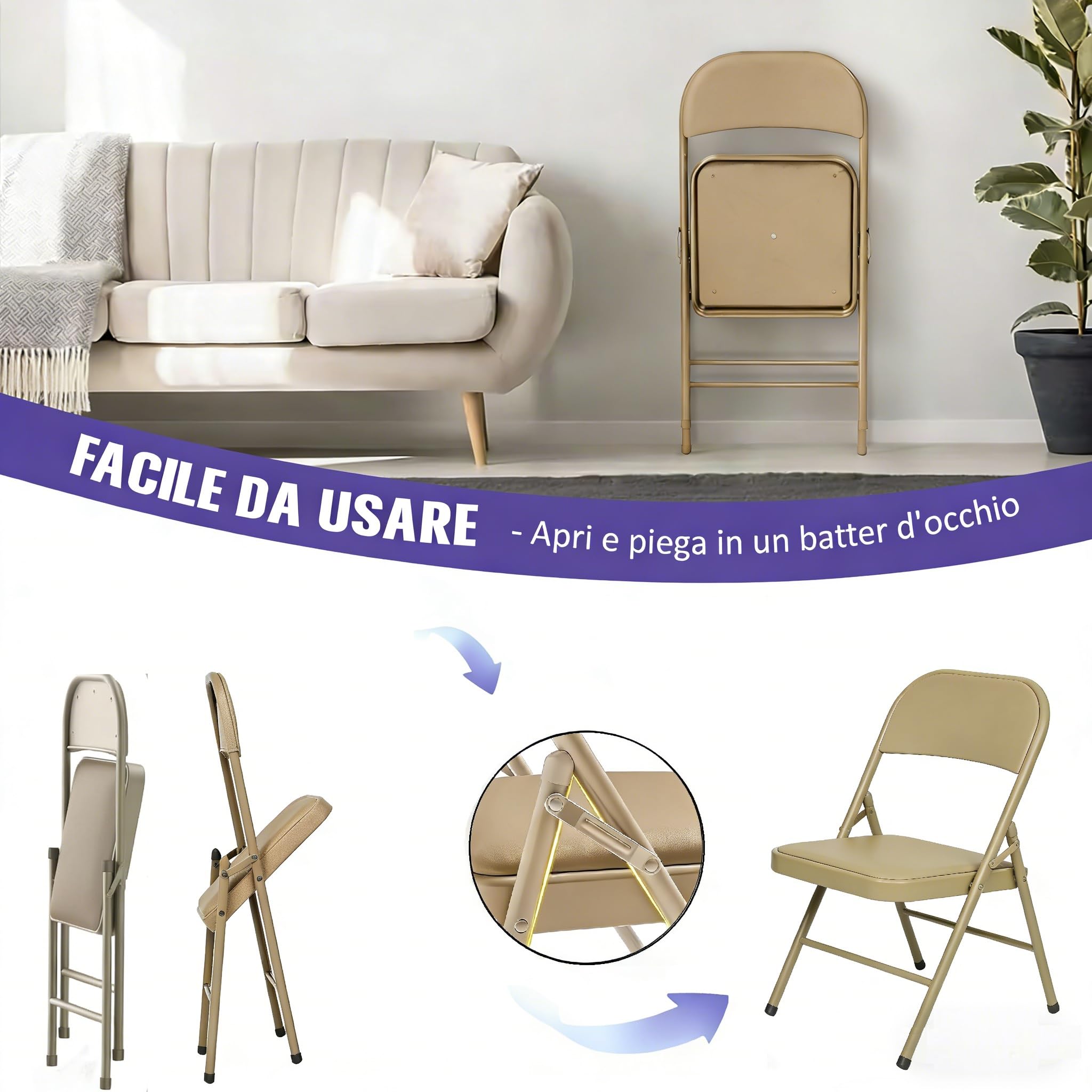 Set di 4 Sedie Pieghevoli, Imbottite, Portata Fino a 160 kg, Comodo ed Stabili Sedia Pieghevole per Giardino, Esterno, Campeggio, Balcone Interni, Ufficio, Feste, Cachi