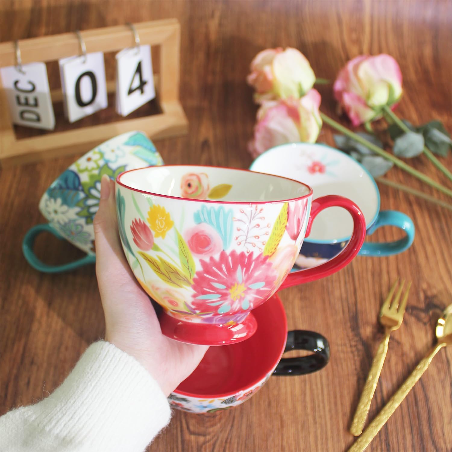 A 4-piece teacup set, 14oz hand-painted floral ceramic teacups large capacity with handles, suitable for afternoon tea, parties, breakfast, etc a housewarming gift or wedding gift. (Set 2)