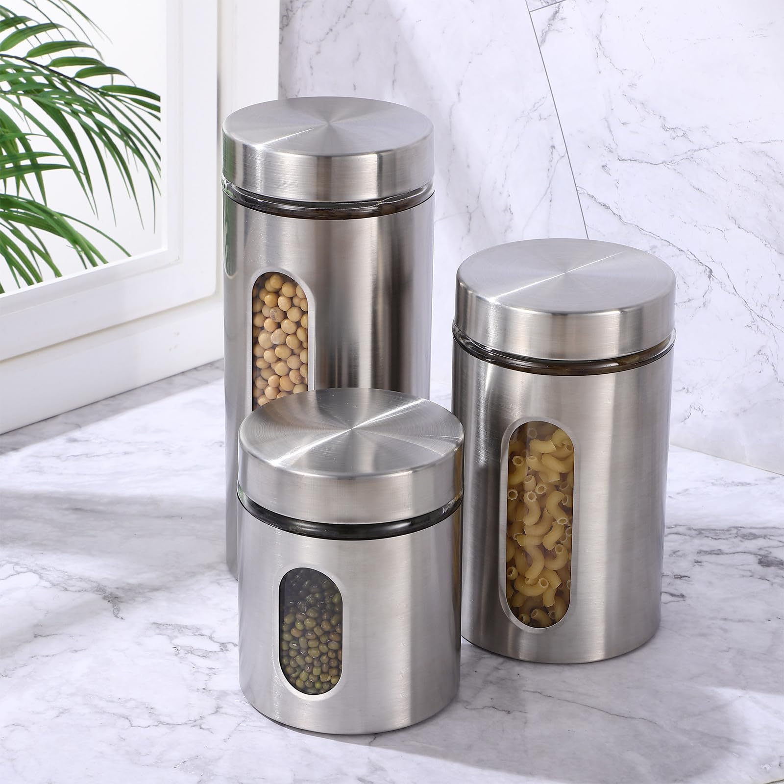 Abaodam Set de 3 recipientes para cocina en acero inoxidable y vidrio, capacidad de 600ml a 1200ml, para mantener frescura de especias y alimentos, uso en tienda y restaurante