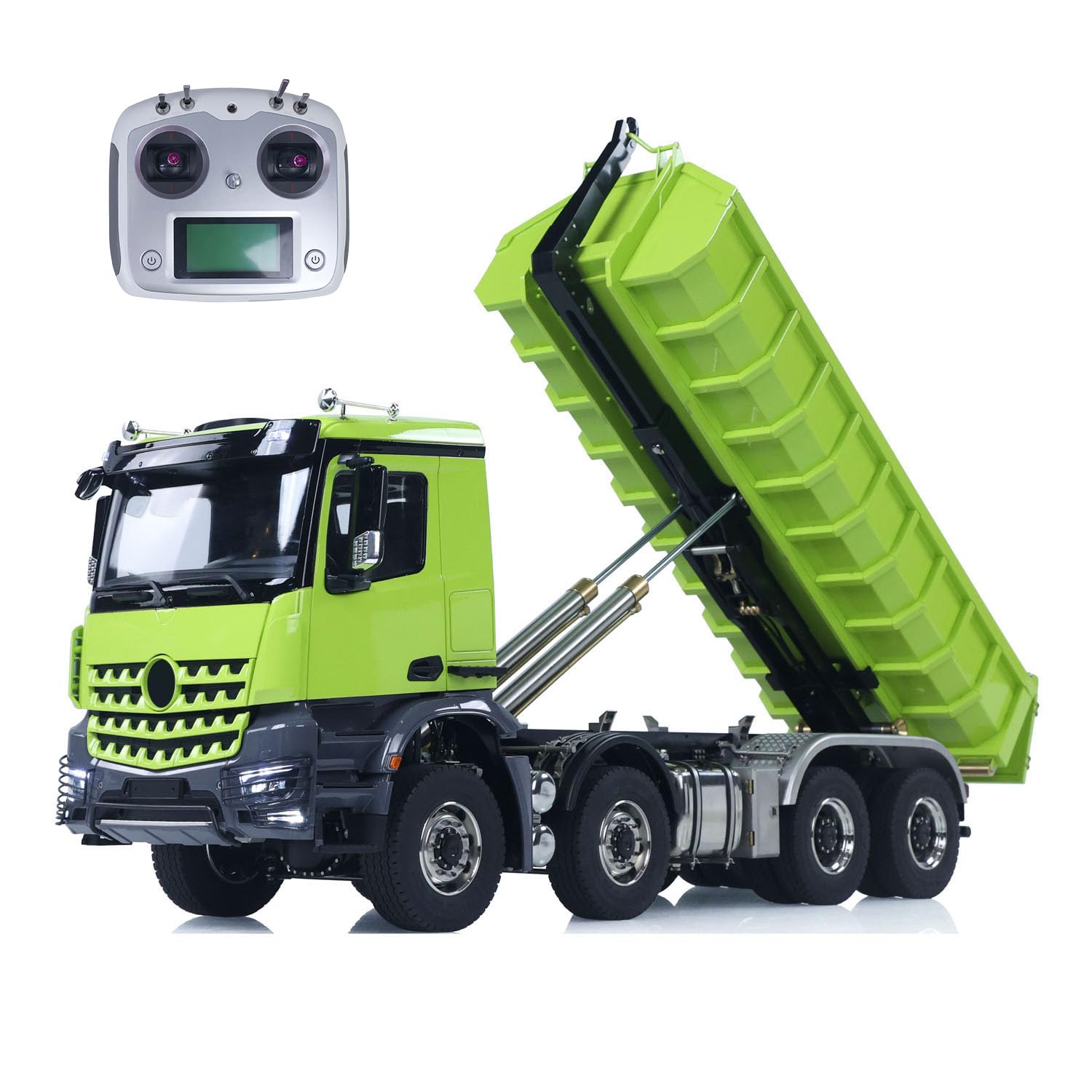 1/14 RC Hydraulic Full Dump Truck 8X8 Metal RC Dumper Tipper Car Standard Bucket Sound Light I6S Radio Controller(Green)