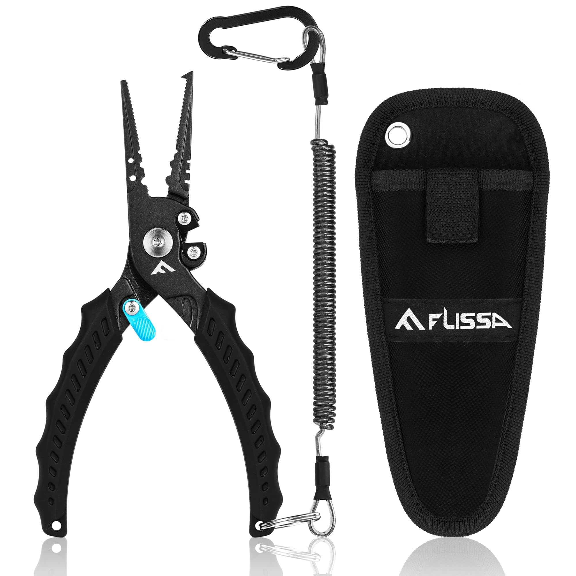 FLISSA Multi-Functional Fishing Pliers, Fish Pliers with Safety Lock Design, TPR Handle, Stainless Steel Jaws, Alloy Steel Cutters, Lanyard & Carrying Bag, Ideal for Sea & Freshwater Fishing