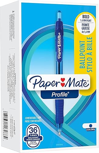Miniatura 1 de Paper Mate Bolígrafo Perfil, Retráctil, Negrito 0.055 in, Tinta Azul, Barril Azul, Paquete de 36
