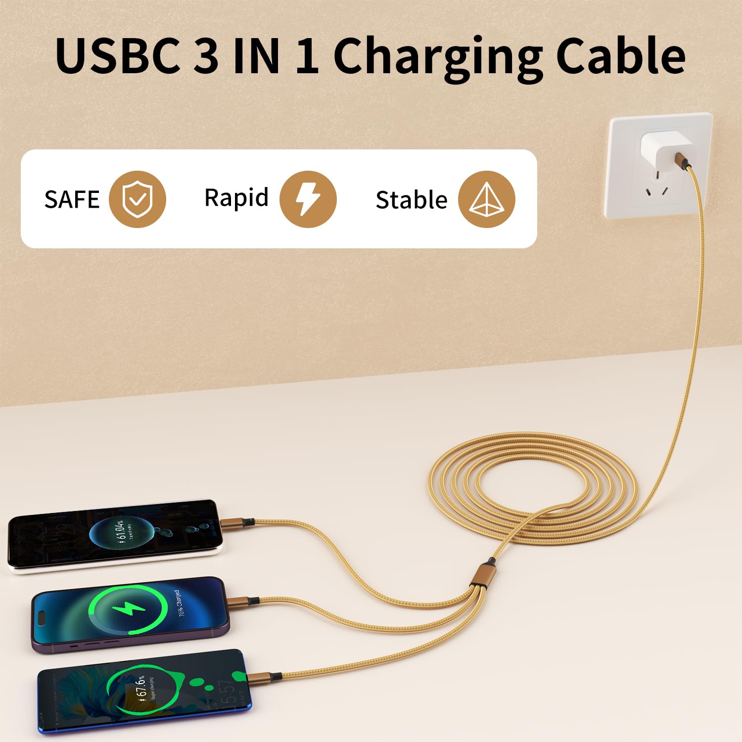 IDISON USB-C-Multi-Ladekabel, 3-in-1-Ladekabel, Nylon, geflochten, mehrere USBC-Kabel, Universal-Ladekabel mit Typ-C, Micro-USB- und IP-Port für Handys und mehr, 2 Stück, 1,2 m, goldfarben