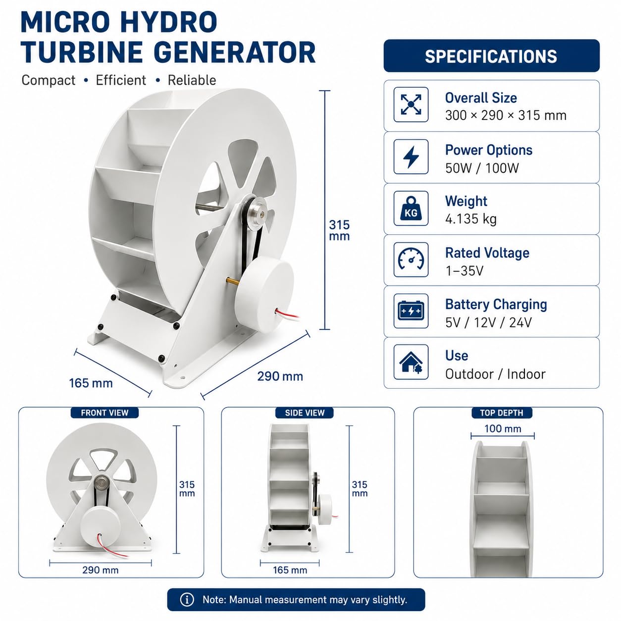 Generador de turbina de agua portátil de 100 W | Cuerpo de acero, transmisión por correa silenciosa, uso de bajo flujo cerca de arroyos, desagües y electrónica al aire libre