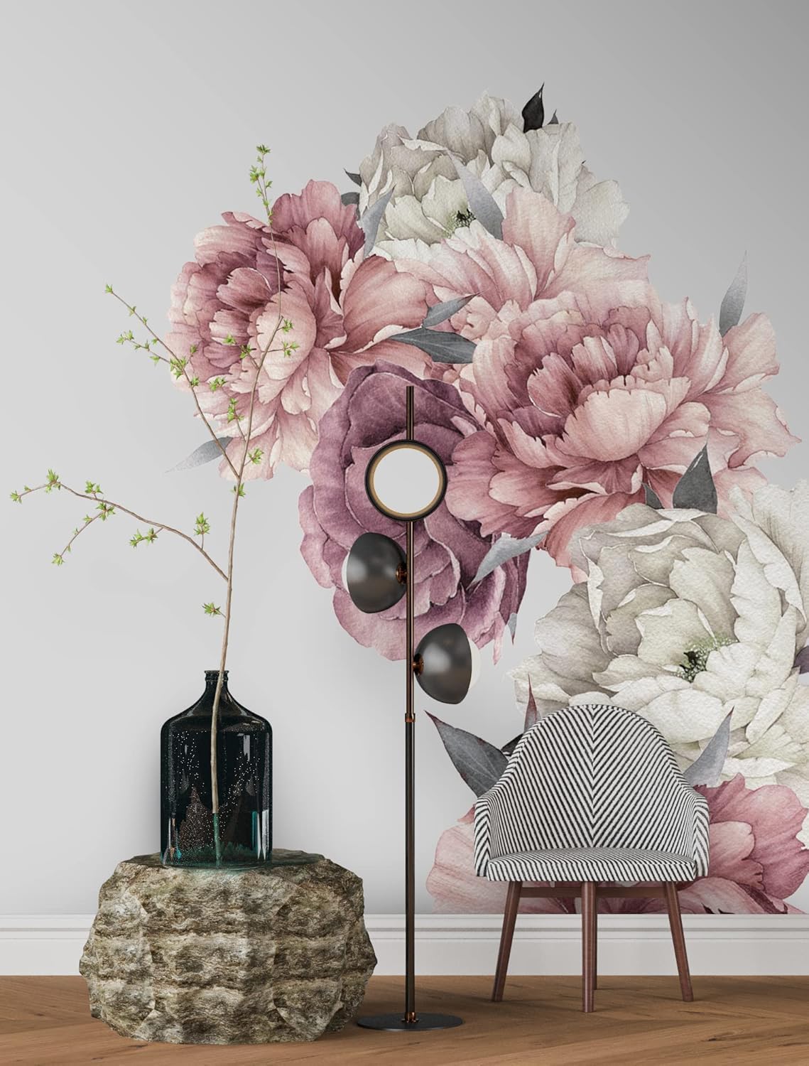 Big Roses Wall Decal, Peel and Stick Garden Floral Sticker, Boho Style Flowers Huge Wall Stickers (Big Rose Decals)