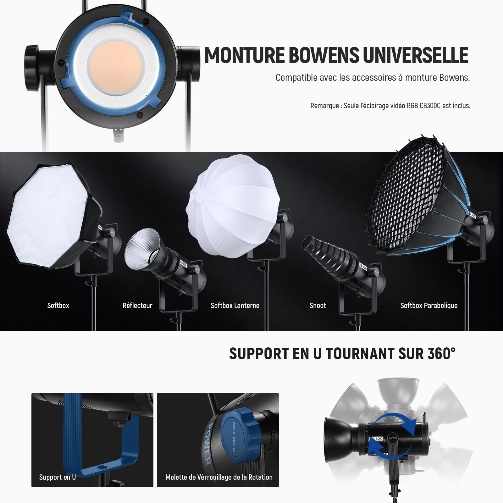 NEEWER CB300C 300W COB Video Light LED RGB avec Réflecteur, Contrôle APP/2,4G, 17 Scènes, 29600Lux/1m 2500-7500K CRI97+/TLCI97+ Éclairage Continu Couleur COB Bowens Réglable, pour Tournage en Studio