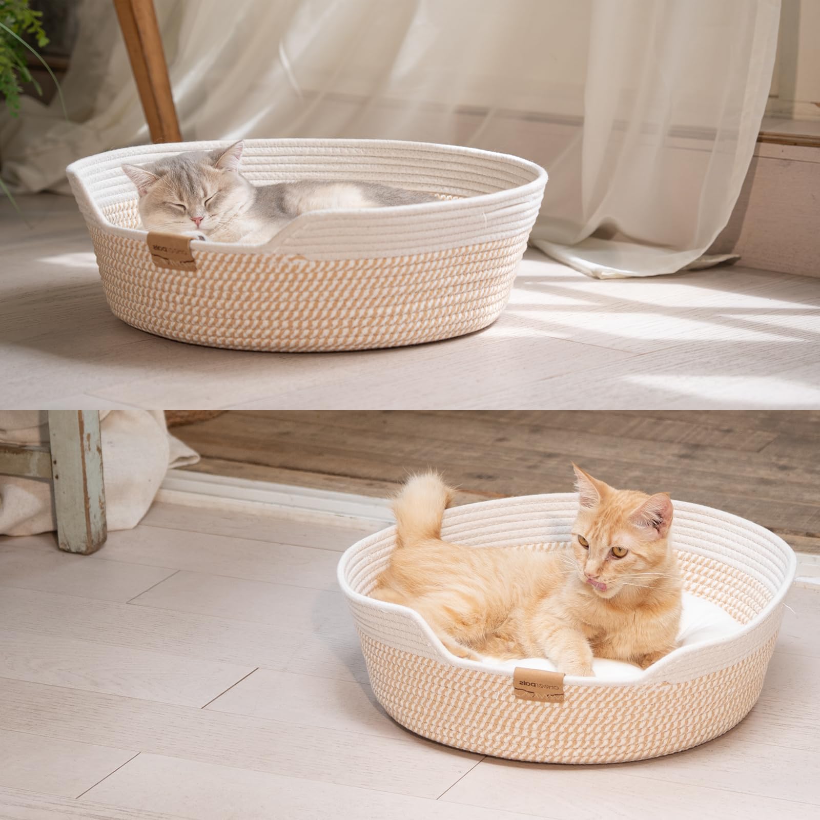CheerPals Katzenbett mit Kissen, 47cm Waschbar Katzenkorb aus Baumwollseilen geflochten, zum Schlafen für Alle Katze, All Season Universal