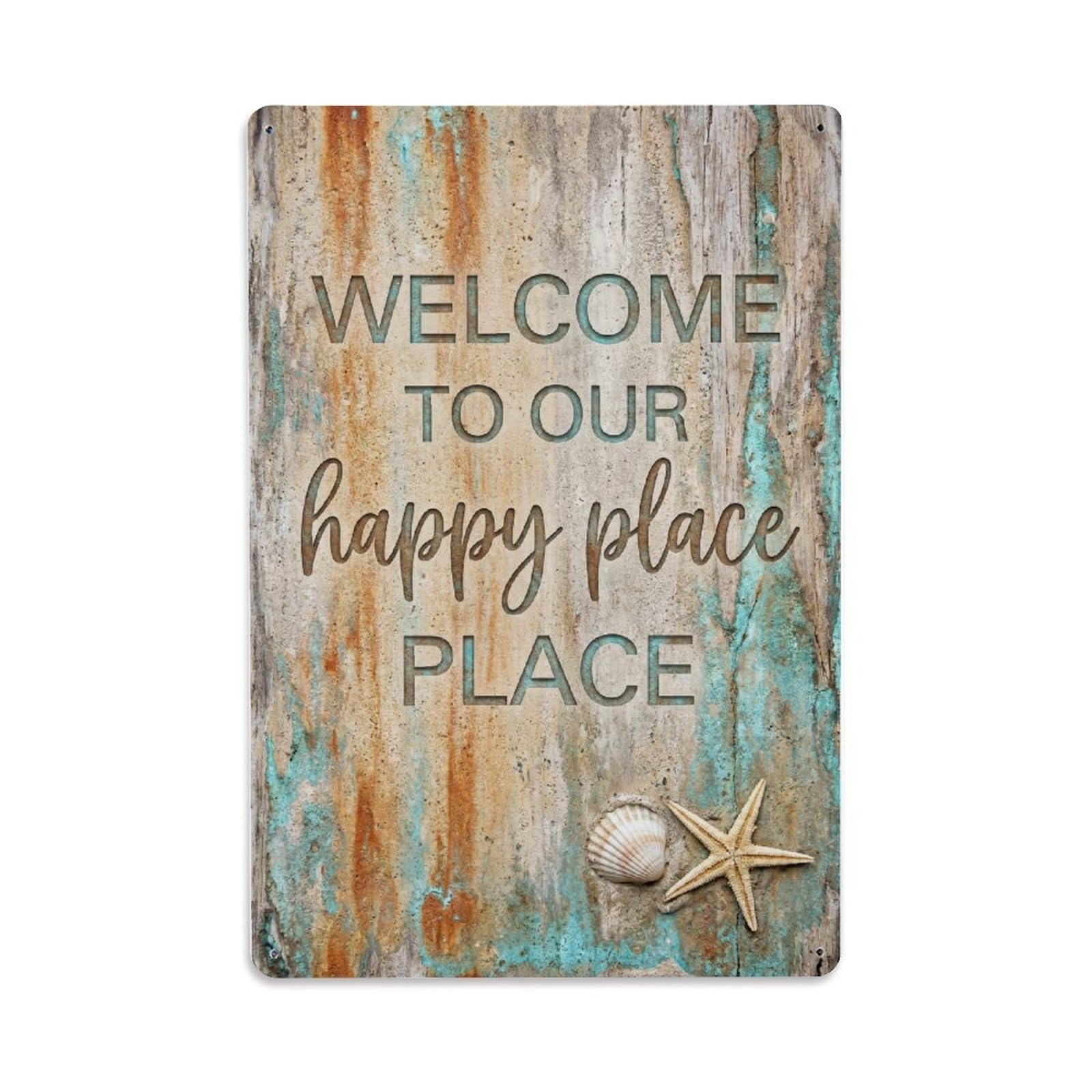 Welcome To Our Happy Place Coastal Cottage Metal Tin Sign Plaque Wall Decor for Cafe, Club Bar, Office, Home Garden Metal Poster 8x12Inch