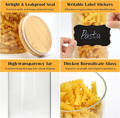 Miniatura 4 de Juego de 5 tarros de vidrio herméticos con tapas de bambú, juego de 5 recipientes de cocina para azúcar, dulces, galletas, arroz y especias