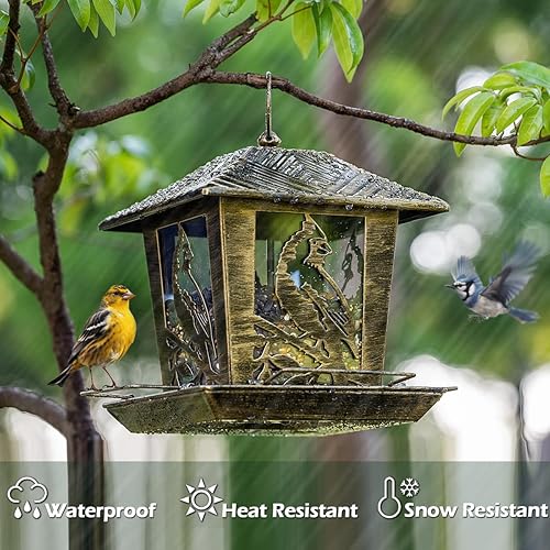 Miniatura 4 de Birdream Comedero para pájaros para exteriores de metal con capacidad de 3 libras, patrón cardenal, vintage, dorado, resistente a la intemperie,
