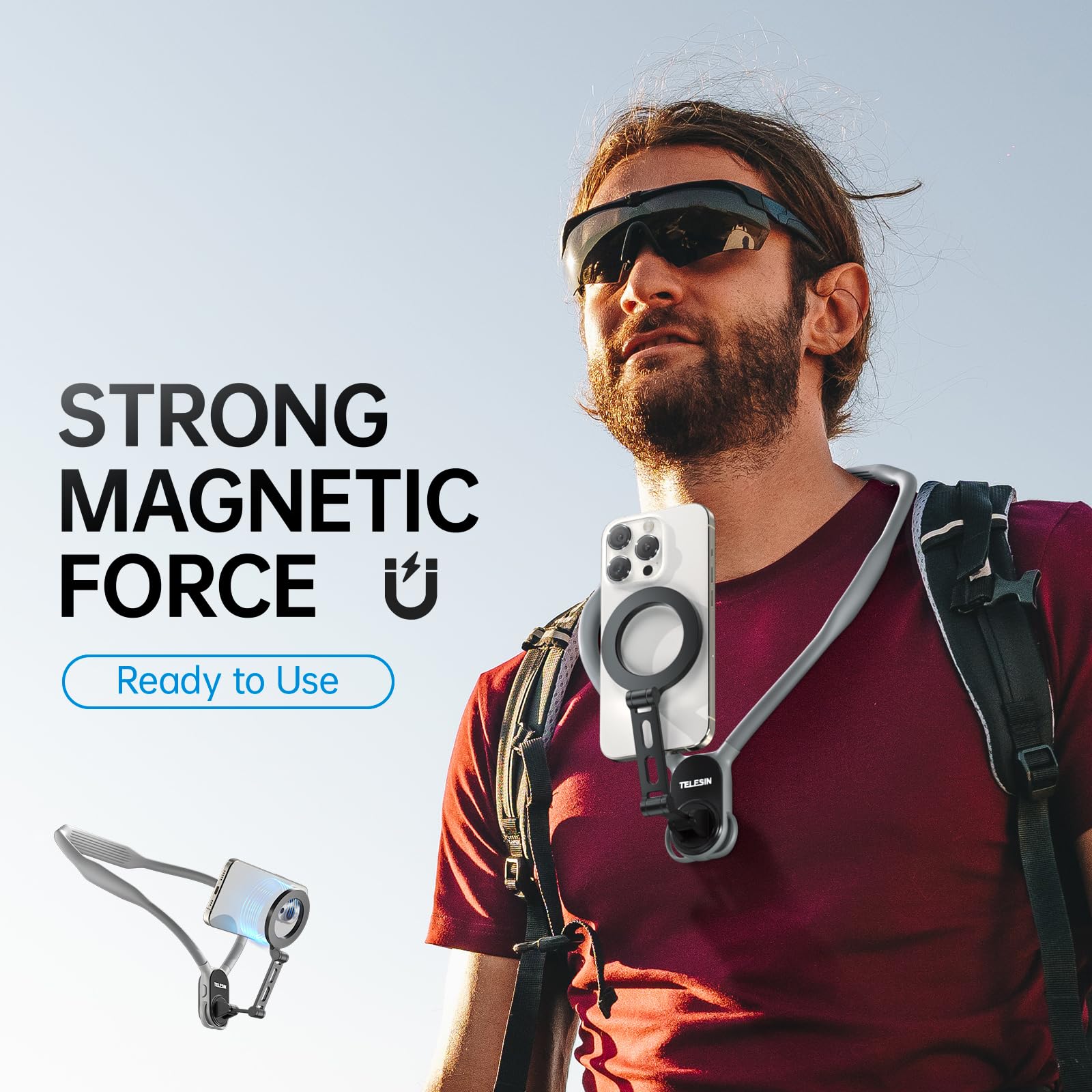 TELESIN° Verbessert Max Magnetische Nackenhalterung für Handys, POV/Vlog Hals-Telefonhalterung w Anti-Vibrations-Brustgurt Selfie-Halterung, Hand Free Phone Neck Holder Stand für iPhone Android Phones