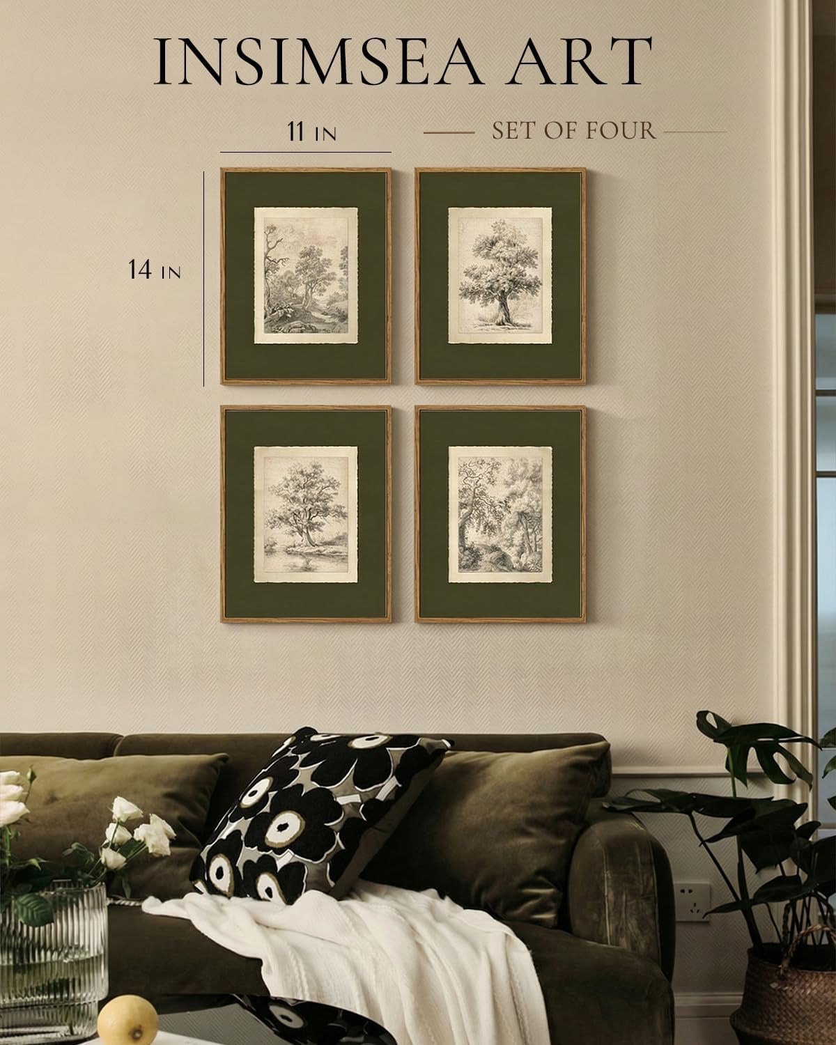InSimSea 4 pcs Framed Wall Art, Vintage Sketch Tree Canvas Prints, Bathroom Kitchen Sage Green Nature Decor, Neutral Toned, Rustic Shelf Decor, Small Size,11x14in