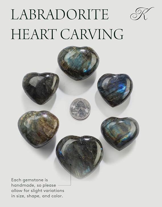 KALIFANO Labradorite Heart - Worry Stone with Healing & Calming Effects - AAA Grade High Energy Labradorita with Information Card - Reiki Crystal Carving Used for Cleansing