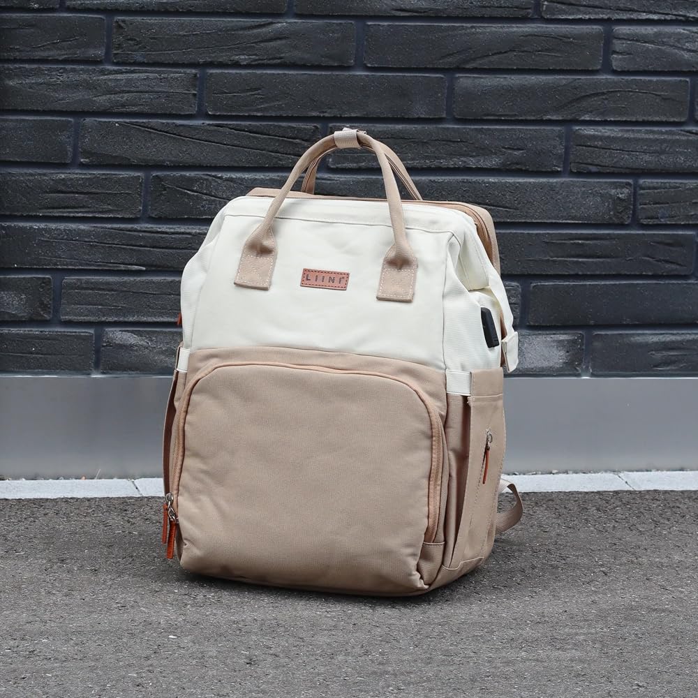 LIINI Sac à dos à langer beige rPET - 29 l - En bouteilles PET recyclées - Compartiment imperméable pour vêtements mouillés - Compartiments pour bouteilles isolés - Avec matelas à langer et crochets