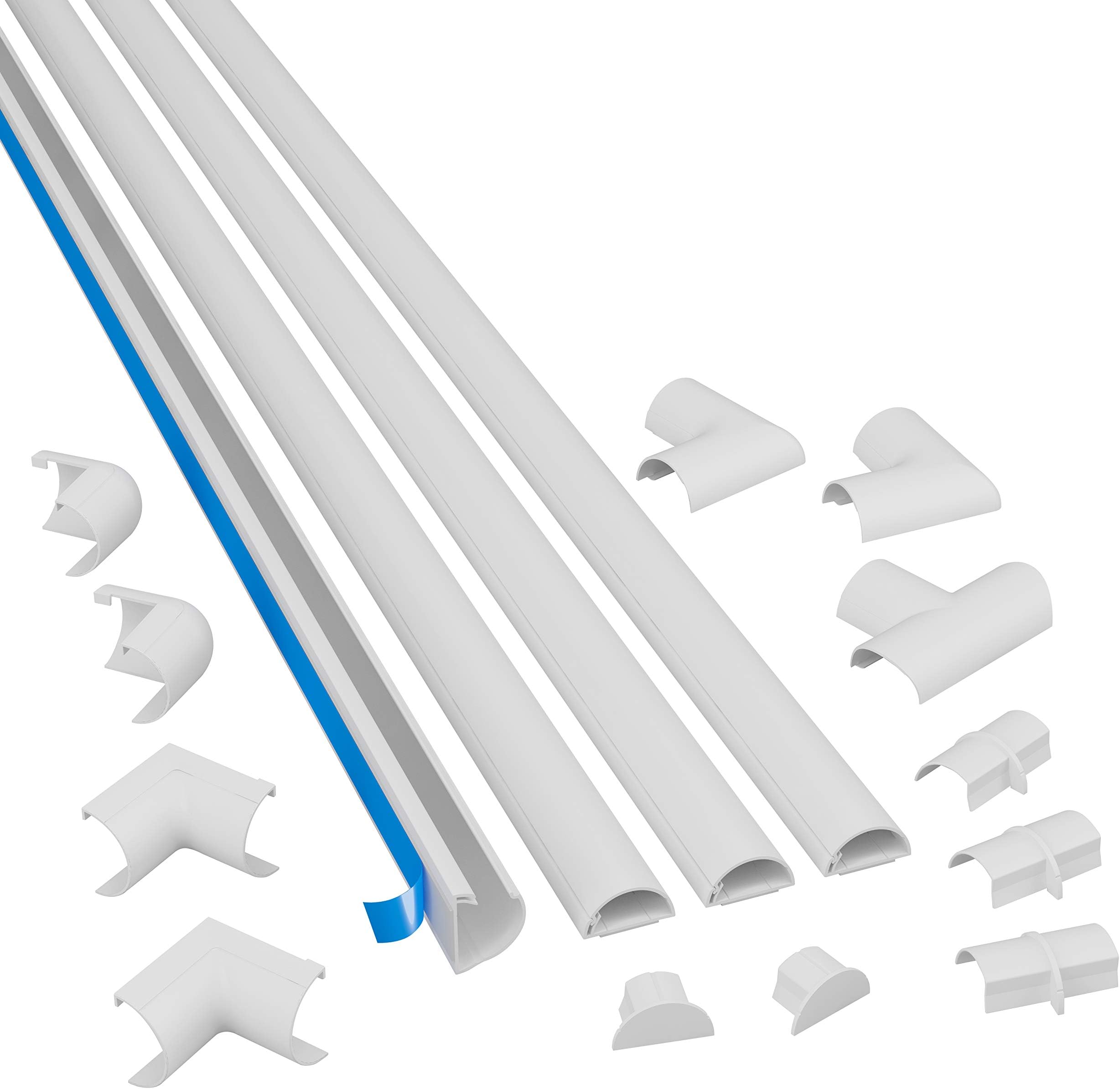 D-Line 4-Meter Mini Cable Trunking Multipack, Half Round Wire Covers, Decorative Cable Management, Self-Adhesive Cable Tidy - 4X 30mm (W) x 15mm (H) x 1-Meter Lengths & 12 Accessories - White
