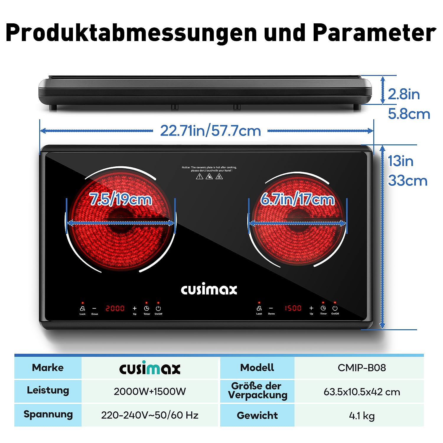 CUSIMAX 3500 W piastra da cucina a infrarossi in acciaio inox 2 piastre elettriche con display a LED, timer, controllo touch, protezione per bambini, colore nero