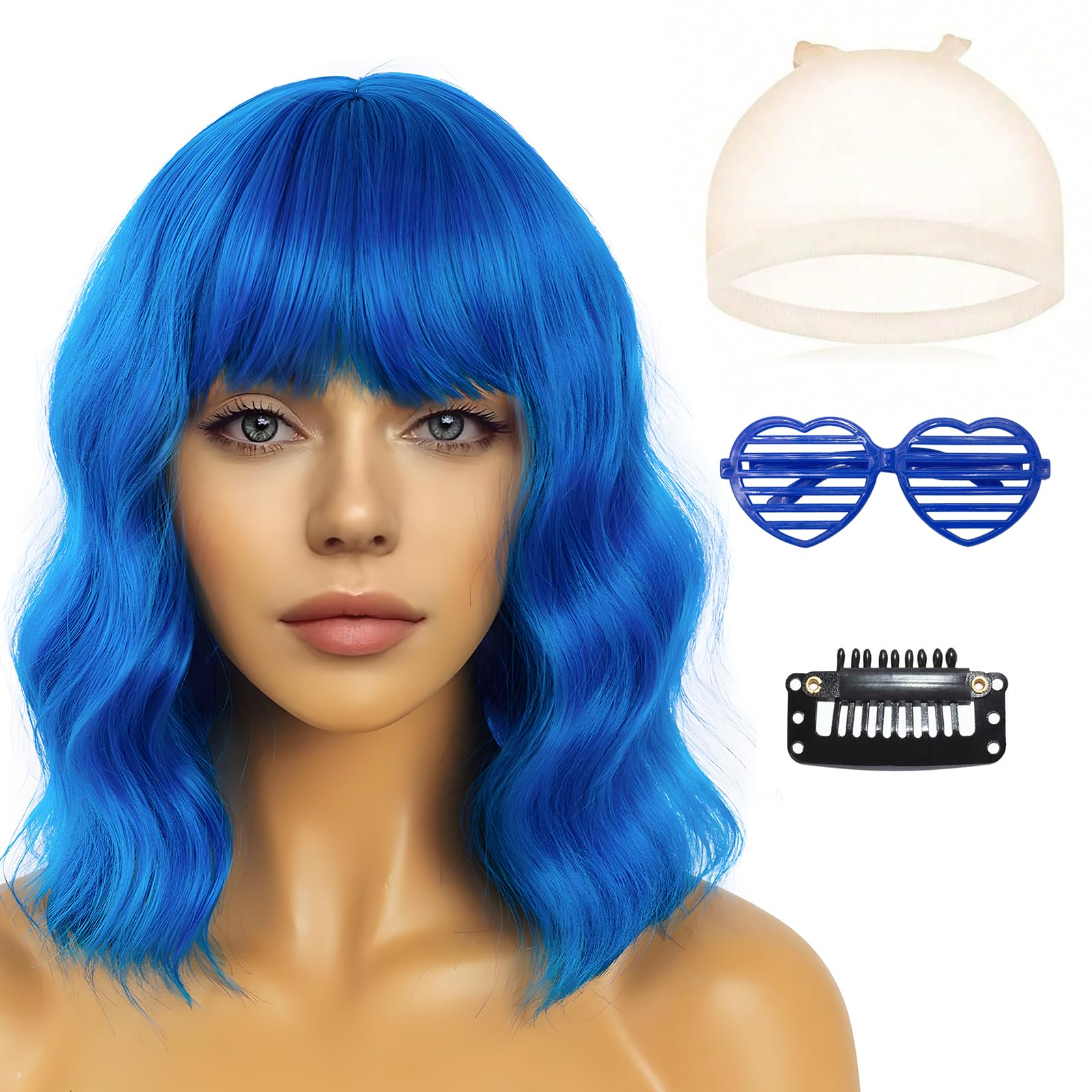 Blue Wig, Mermaid Wigs Costume Wig for Women and Sunglass Set Shoulder Length Loose Curly with Bangs for Halloween Christmas Party