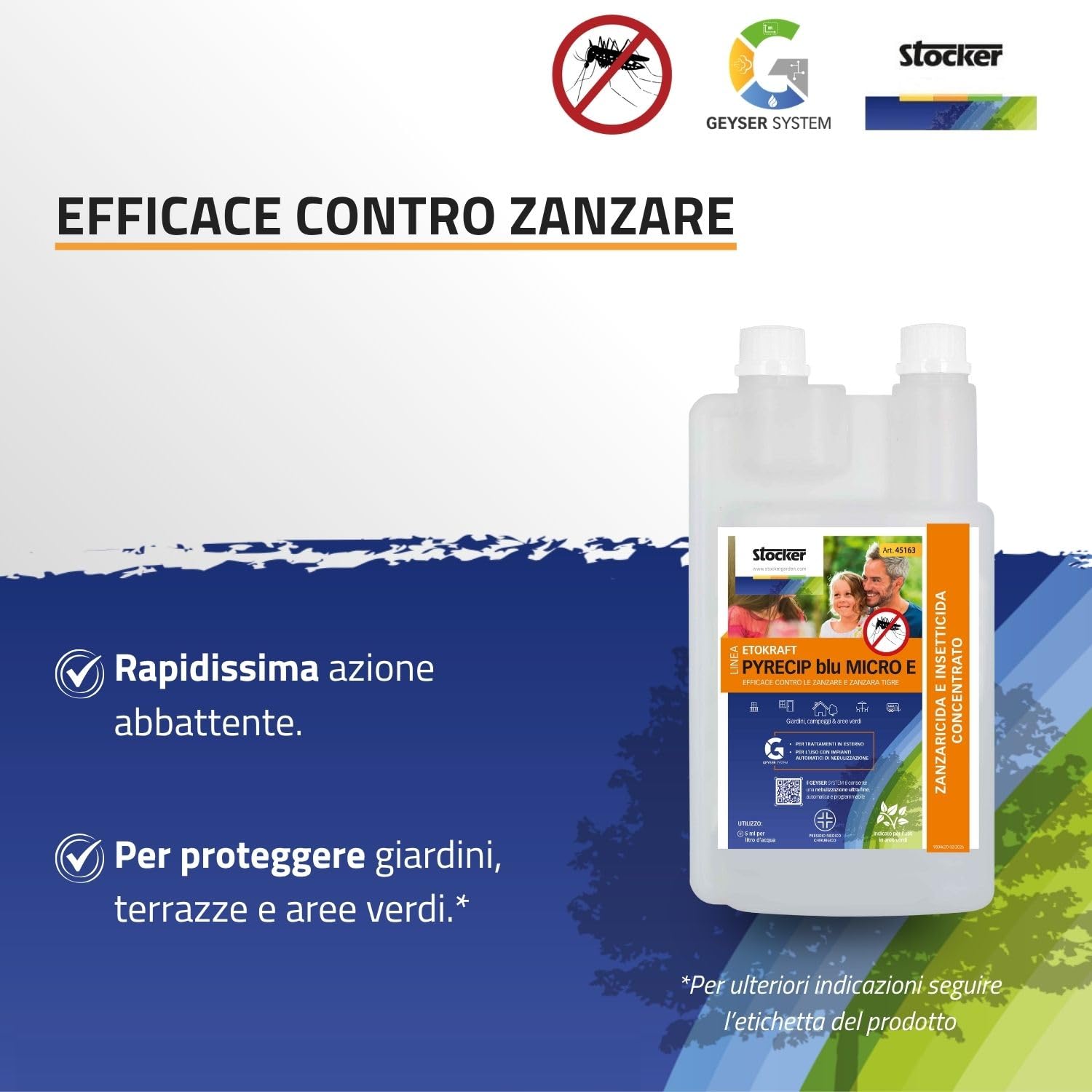 STOCKER - Kit Antizanzare Professionale 40004 1 L Zanzaricida Linea Etokraft Pyrecip Blu Micro E + 1 L Disabituante zanzare Florifens Barriera Vegetale - Trattamento per Aree Esterne e Giardino
