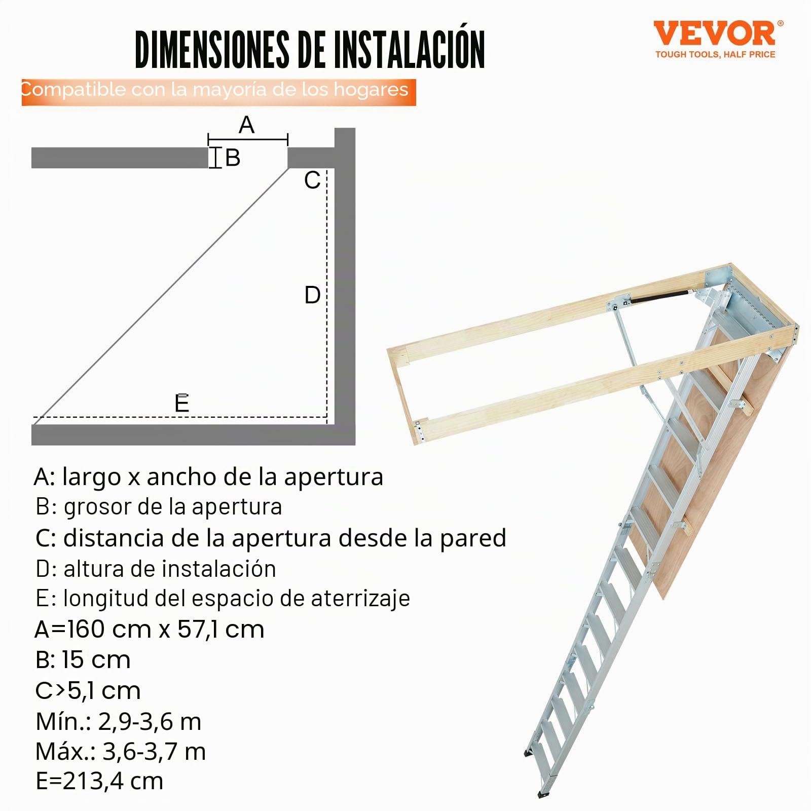 VEVOR Escalera Telescópica Plegable de Aluminio para Ático 570 x 1600 mm Capacidad de Carga de 158,8 kg Extensión Multiusos Ligera y Portátil Altura de Instalación 9,5'-12' para Ático, Oficina, Hogar