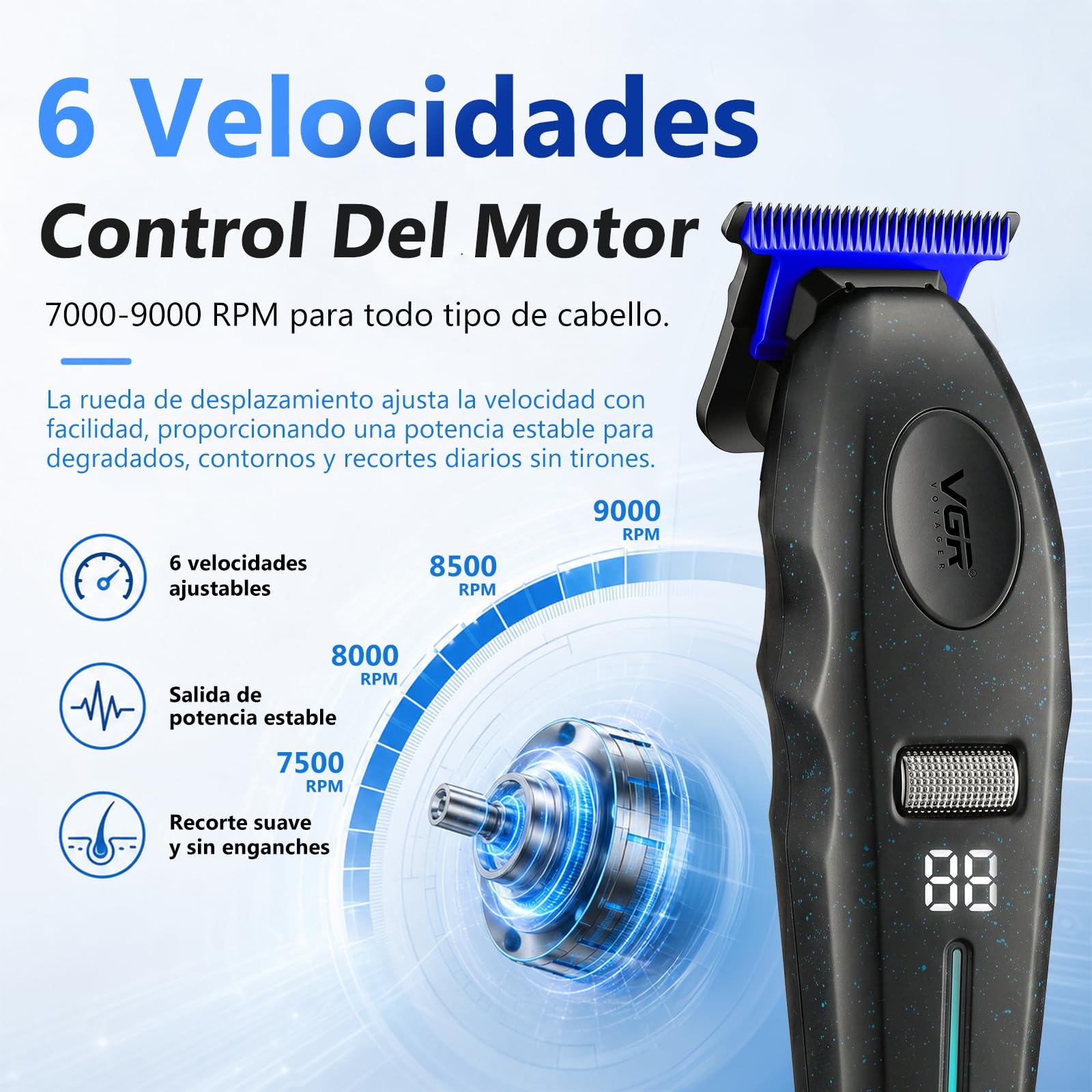 VGR 887T Máquina de Cortapelos Profesional, 6 Velocidades, 9000 RPM, Negro | Recortadora de Contornos 6 Niveles, Cuchilla de Cerámica Desmontable y Lavable para Hombre, Base de Carga