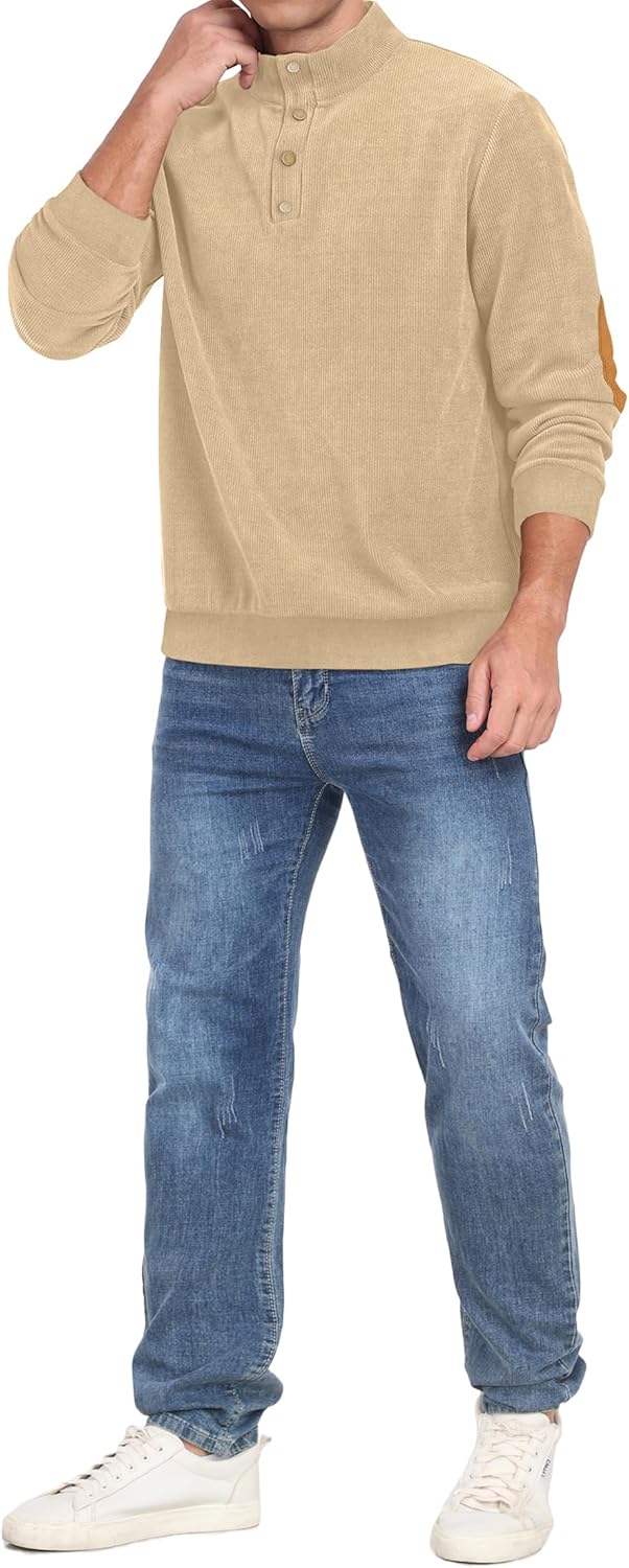 Mens Casual Corduroy Sweatshirt Long Sleeve Stand Collar 1/4 Button Up Pullover Fall Polo Sweaters - Image 5