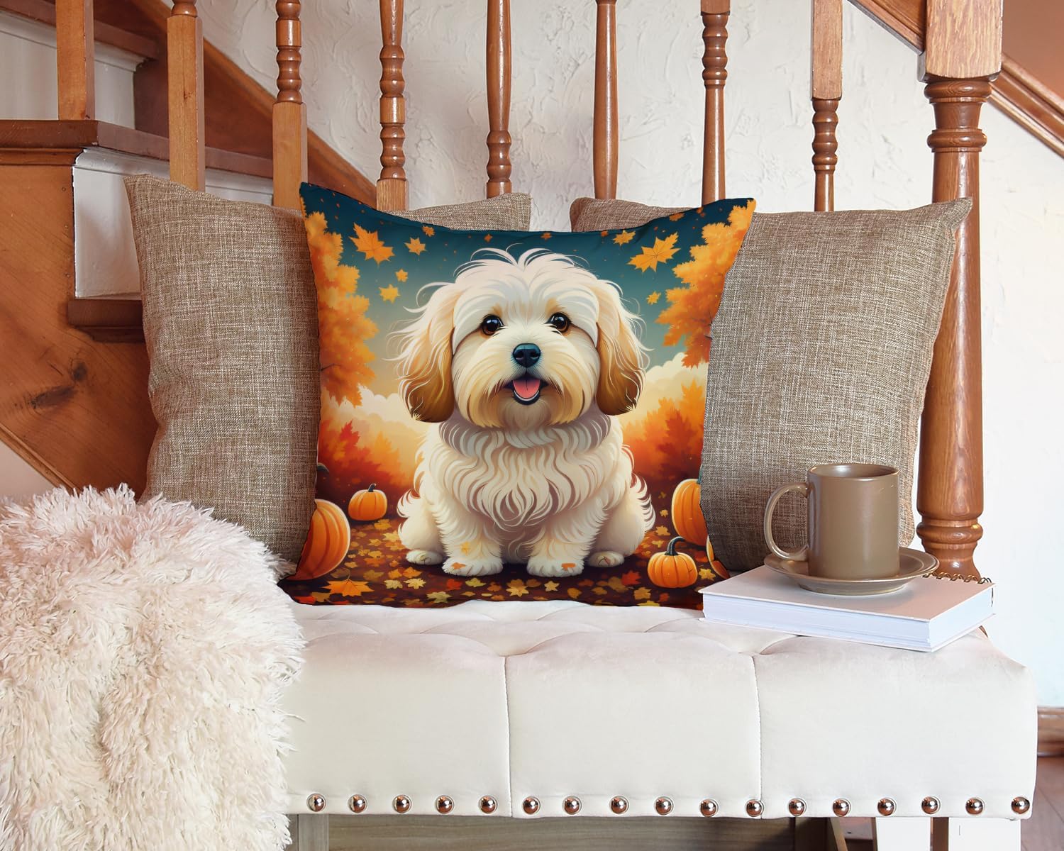 Caroline's Treasures DAC1041PW1414 Coton De Tulear Fall Fabric Decorative Pillow Machine Washable, Indoor Outdoor Decorative Pillow for Couch, Bed or Patio, 14Hx14W