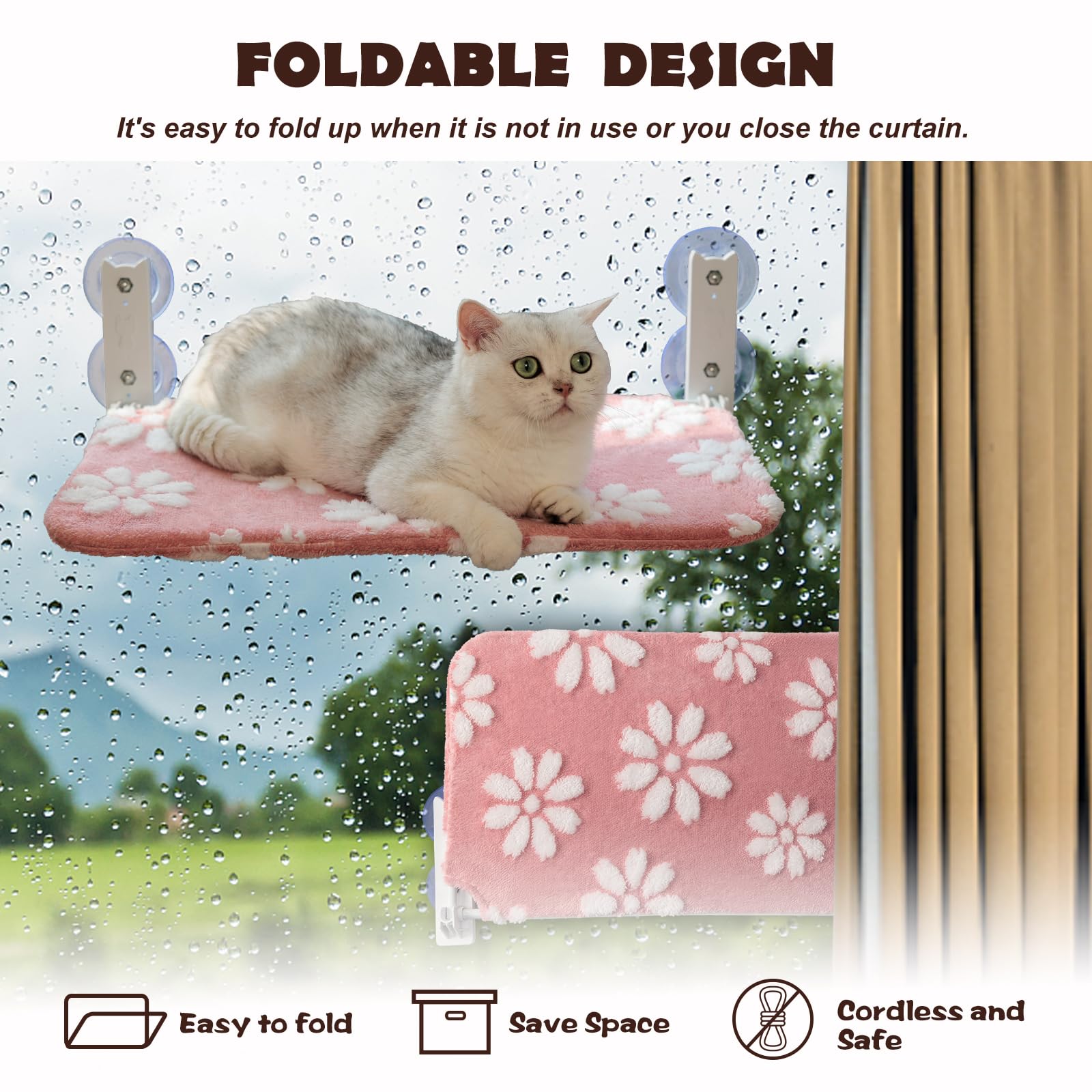 Percha para ventana de gato, hamaca plegable para ventana de gato con bonita cubierta de flores texturizada 3D y ventosas fuertes, cama inalámbrica para gatos de interior (rosa, grande)