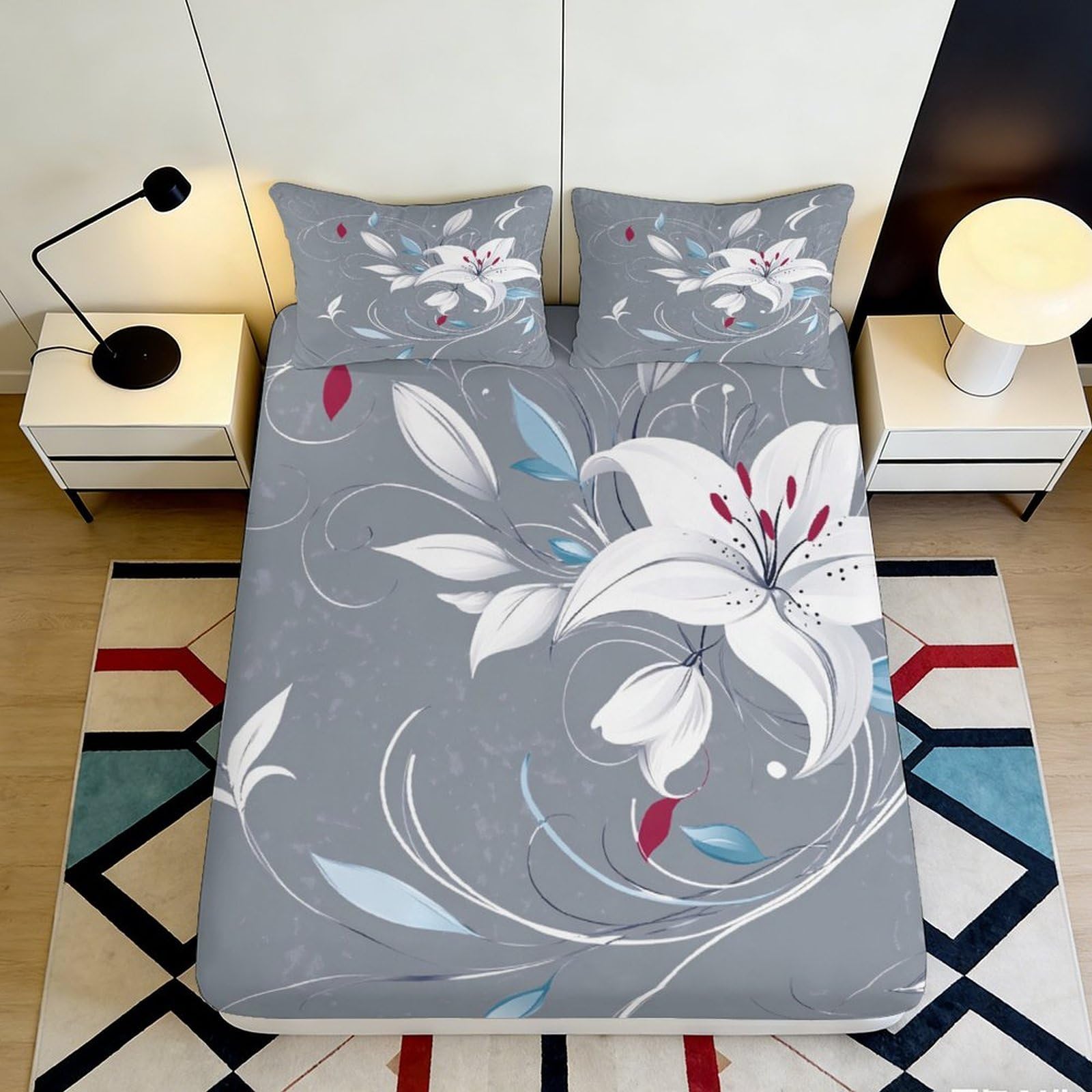 Dhbaneiok Style-5 3D Printed Lily Blossom Fitted Sheet Microfiber Grey Floral Mattress Cover For Bedroom Guest Room Decor Dustproof 90X200x25cm