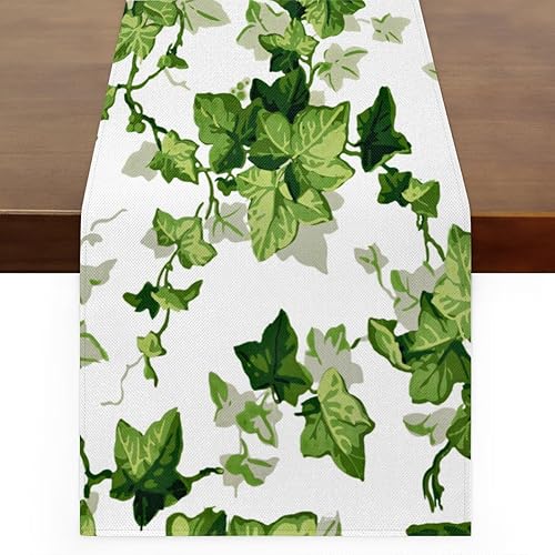 Camino de mesa de hojas de acuarela, mantel de lino rústico para cocina de granja, cena, eventos, fiesta, decoración de mesa de vacaciones, 13 x 120