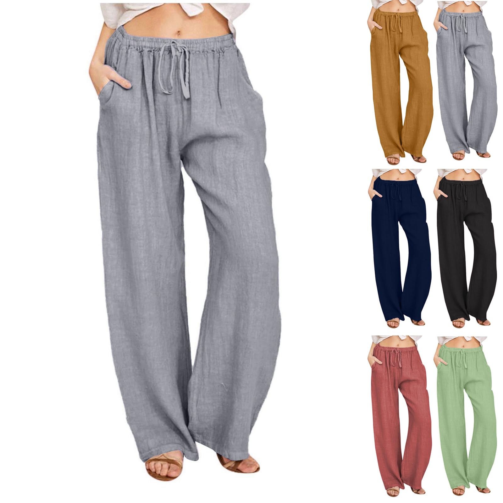 Casual Pants for Women Drawsting Elastic Waist Wide Leg Trousers Summer Lightweight Loose Soft Cotton Pajama Pants