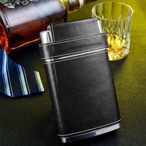 Miniatura 3 de GENNISSY Frasco de cadera de 8 onzas para hombre, frasco de whisky bourbon de acero inoxidable 304 (18/8), a prueba de fugas con envoltura de cuero