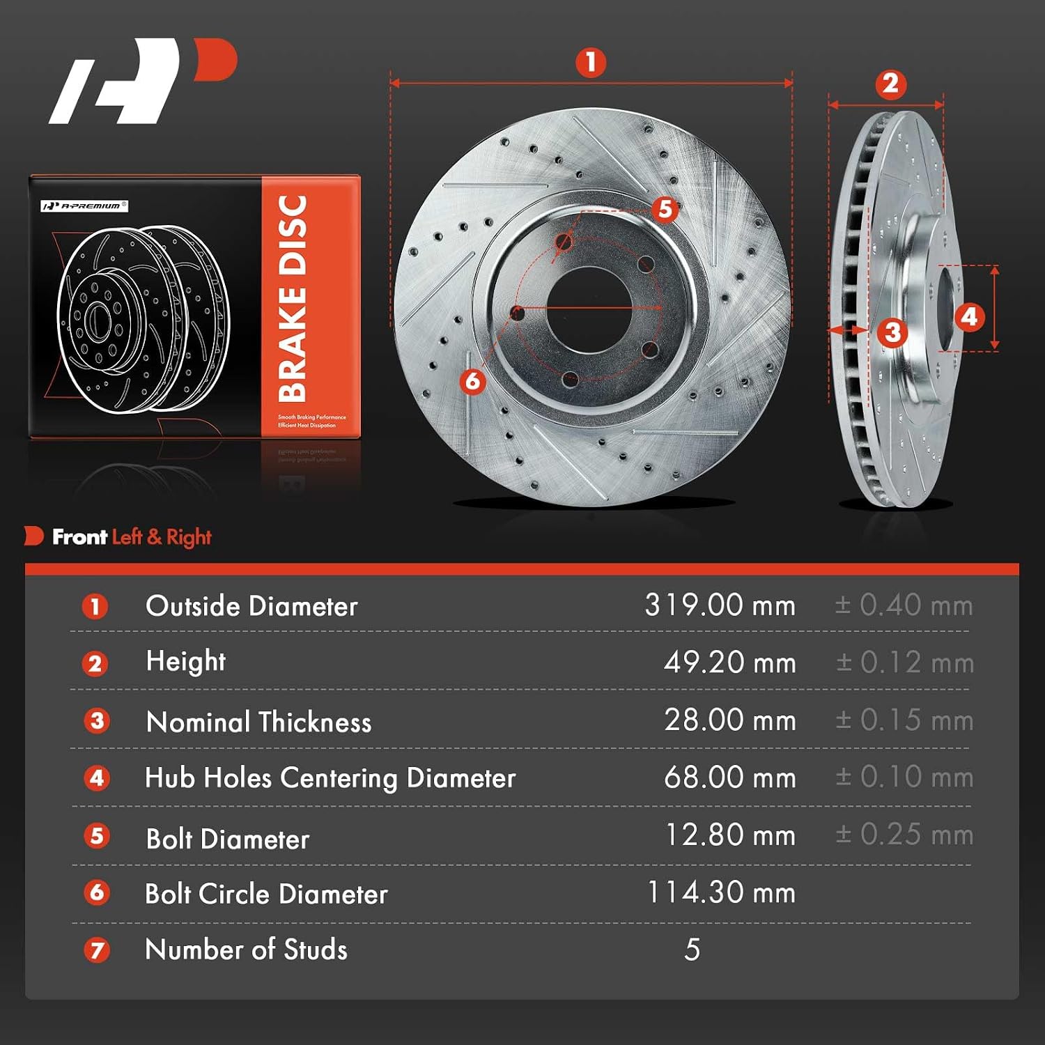 A-Premium 12.56 inch (319mm) Front Drilled and Slotted Disc Brake Rotors Compatible with Select Nissan and Infiniti Models - Altima 2005-2006, Murano 2003-2007/2009-2012, Maxima 2004-2005, FX35, FX45