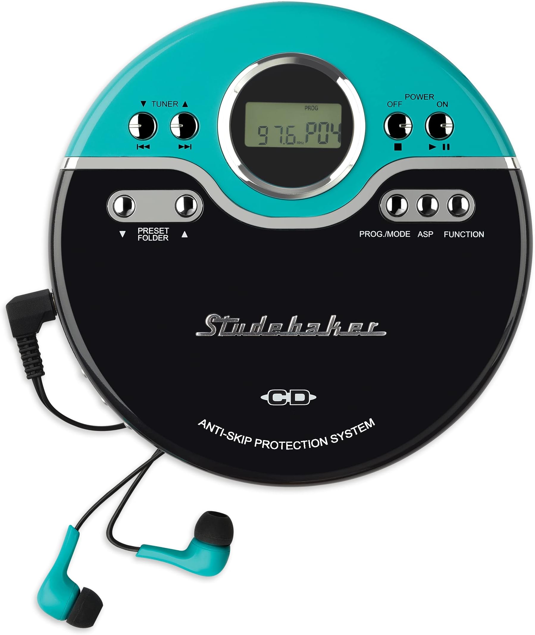 Retro Portable CD Player | CD-R/RW MP3 Playback | Programmable Personal CD Player | Anti-Skip | FM Radio | Mega Bass Boost | Sport Earbuds (Vintage Turquoise)