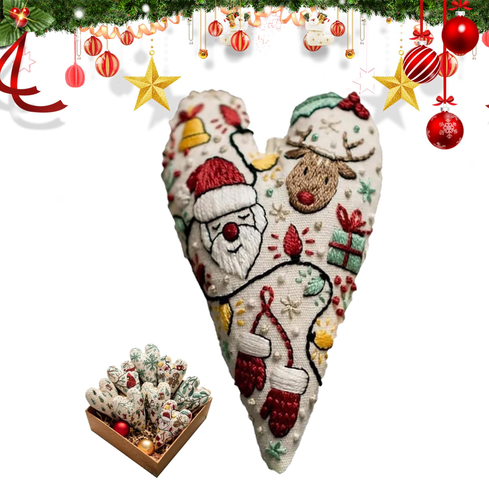 DIY Embroidery Christmas Ornament Kits - Heart Embroidery Christmas Decoration, Hand Embroidery Christmas Tree Hanging Ornaments, Christmas Ornament Kits -Santa Claus