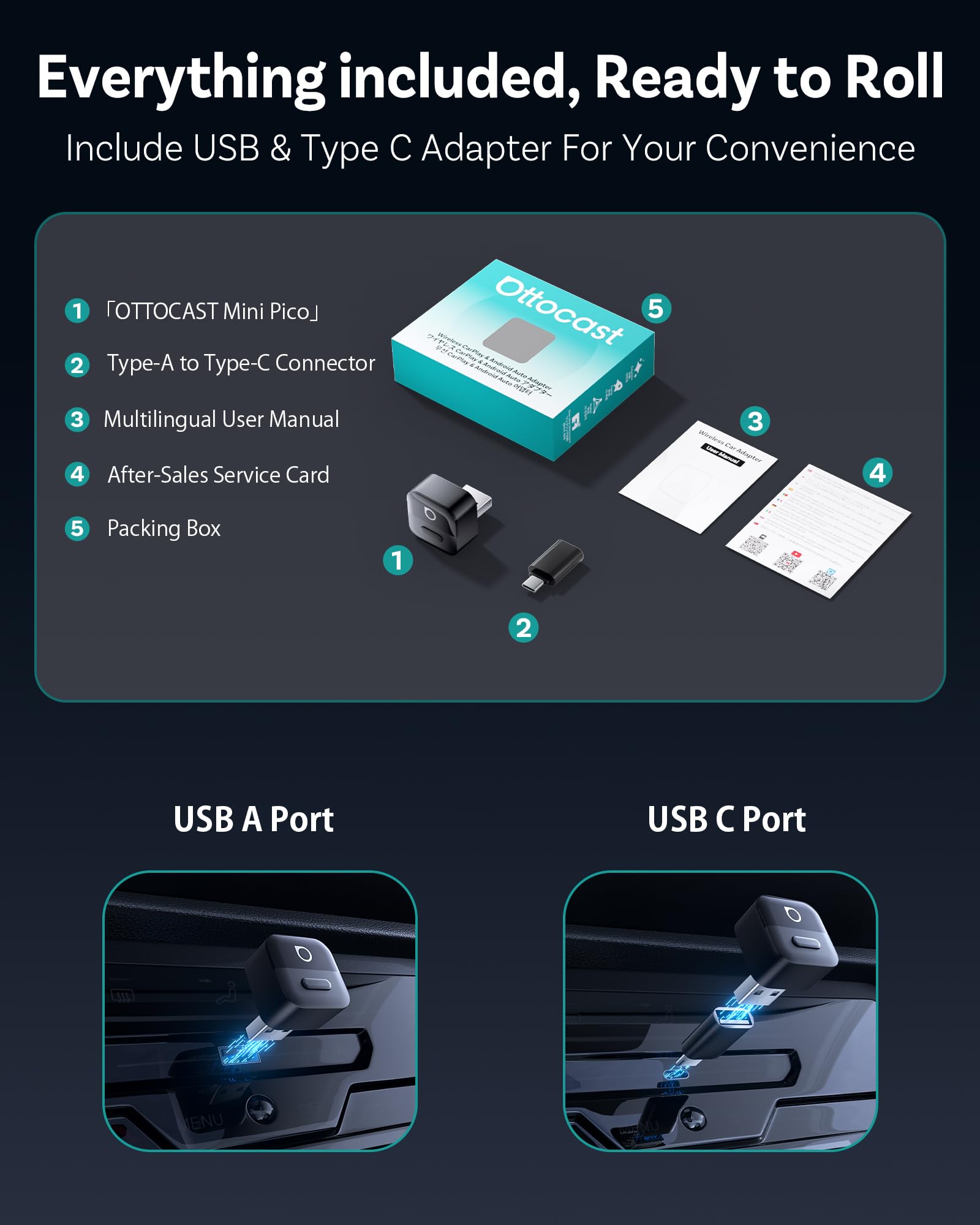 OTTOCAST Mini Pico 2026 CarPlay & Android Auto bezprzewodowy adapter, Smart Button, 5-8s Auto Connect, Plug & Play, USB-A/USB-C, aktualizacja OTA, przewodowy na bezprzewodowy (iOS 10+/Android 11+)