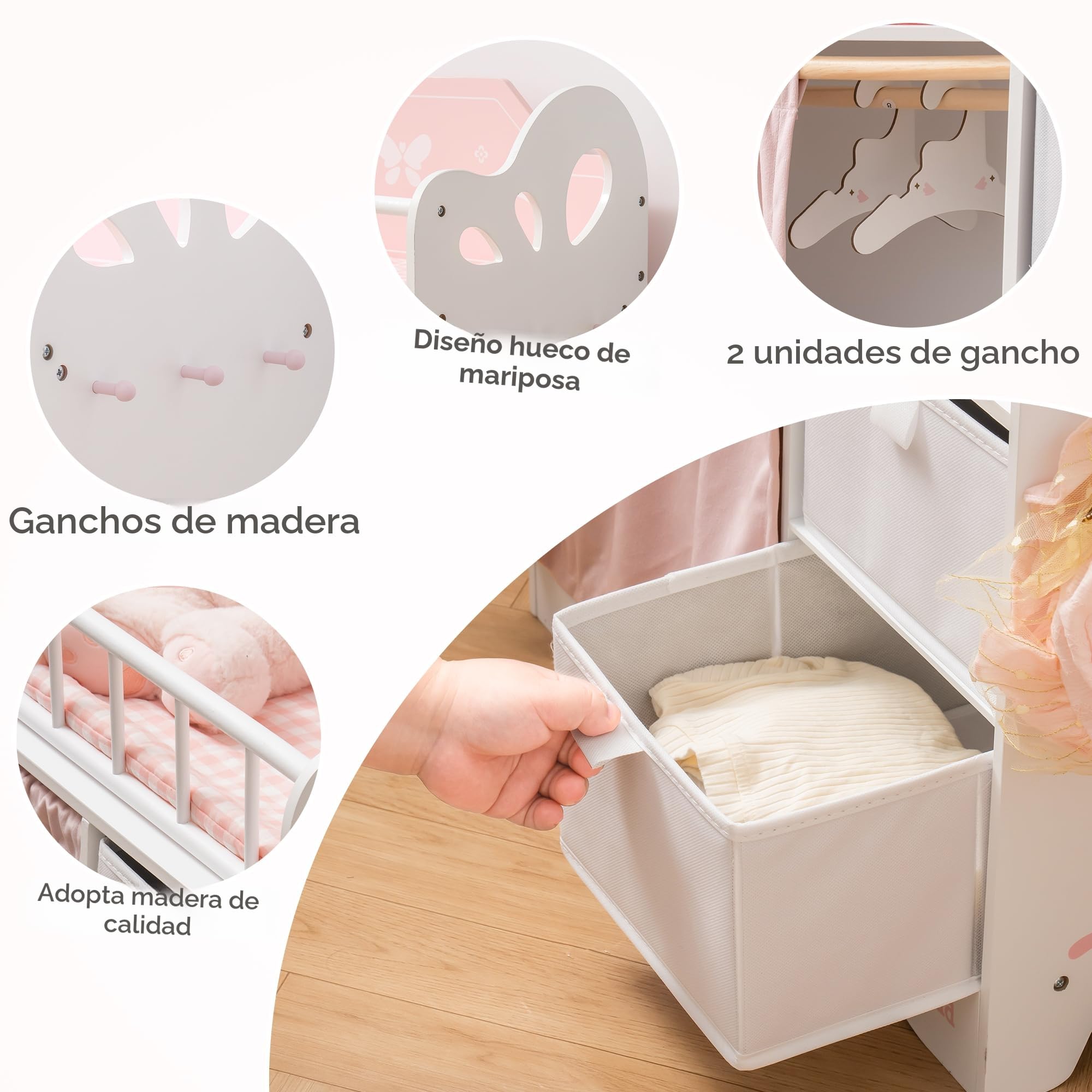 ROBUD Cama para muñecas de madera, juguetes con armario, ropa de cama, espacio de almacenamiento y ganchos, cama para muñecas de hasta 55 cm, accesorios para muñecas para niños a partir de 3 años y