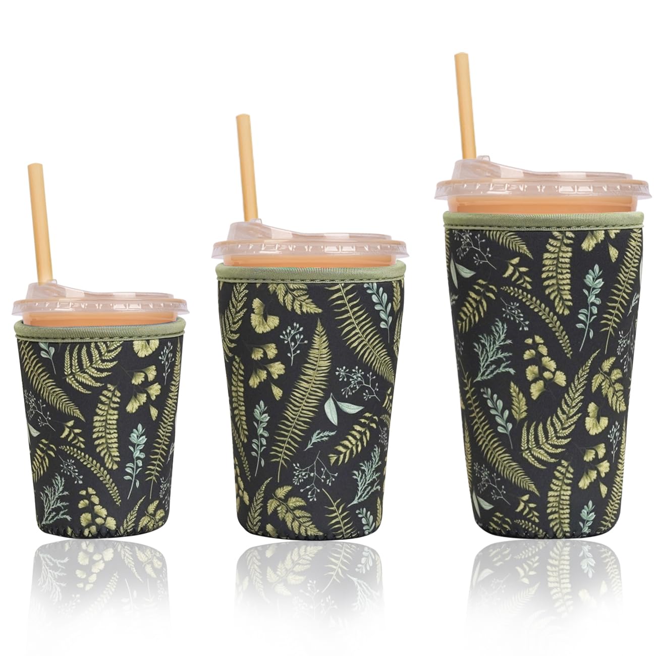 Reusable Insulated Sleeve for Iced Coffee Cup, 3-Pack Coffee Neoprene Drink Sleeve for Cold &amp; Hot Drinks, Beverage Holder for Iced Coffee (Earthy Ferns)