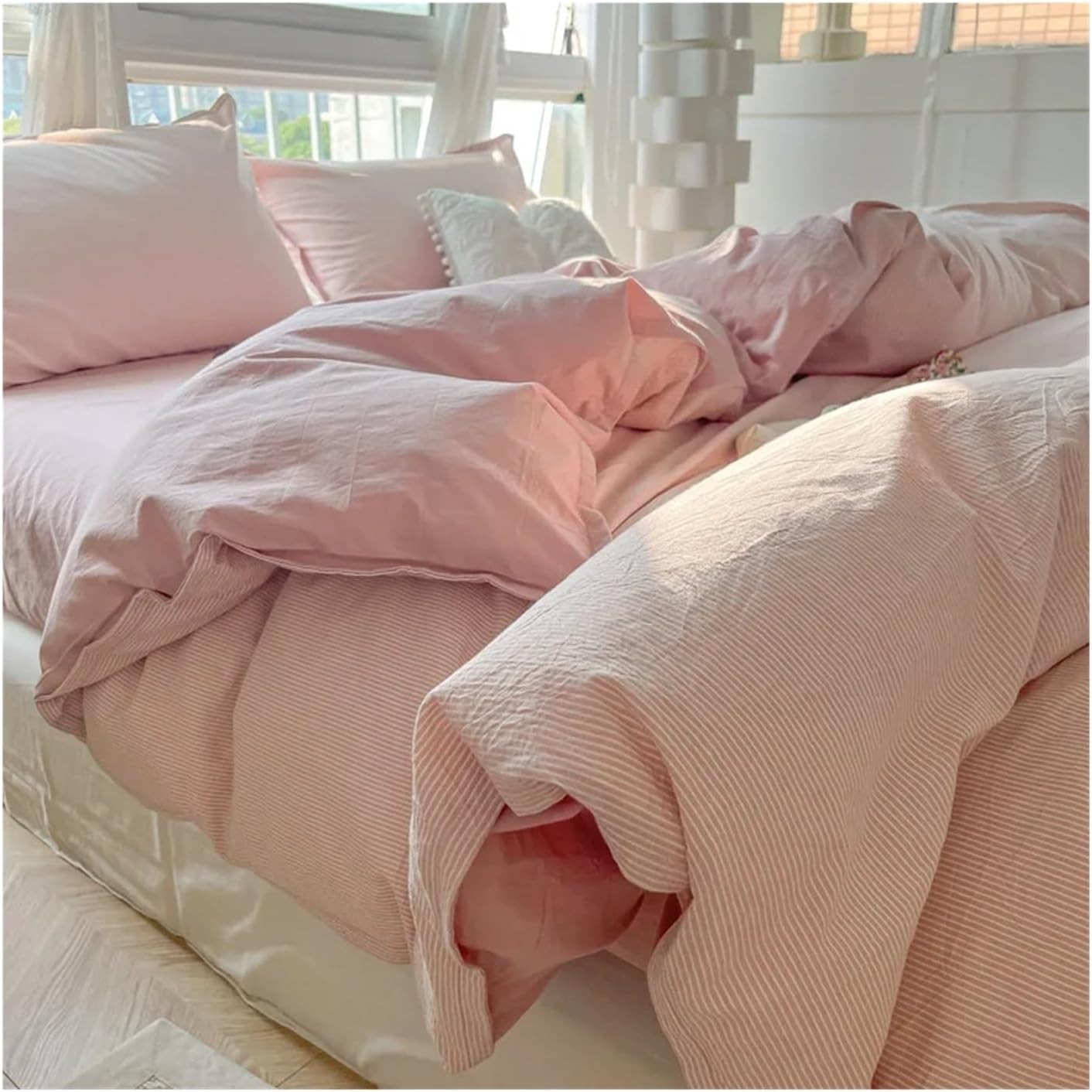 Bed, 100% Washed Cotton Duvet Cover Set Cream, 4 Pieces Luxury Soft Bedding Set with Buttons Closure,Striped Pattern Duvet Cover