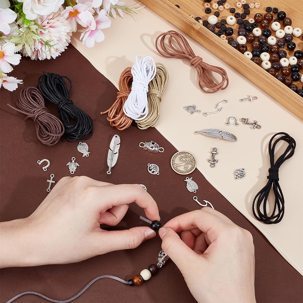 PH PandaHall 158pcs Rosary Jewellery Making Kit 10mm Wood Beads Cross Pendant Tree of Life Charms Skeleton Pendant Sea Turtle Link with 8 Styles Thread for Ramadan Easter Bracelets Making Craft - Image 3
